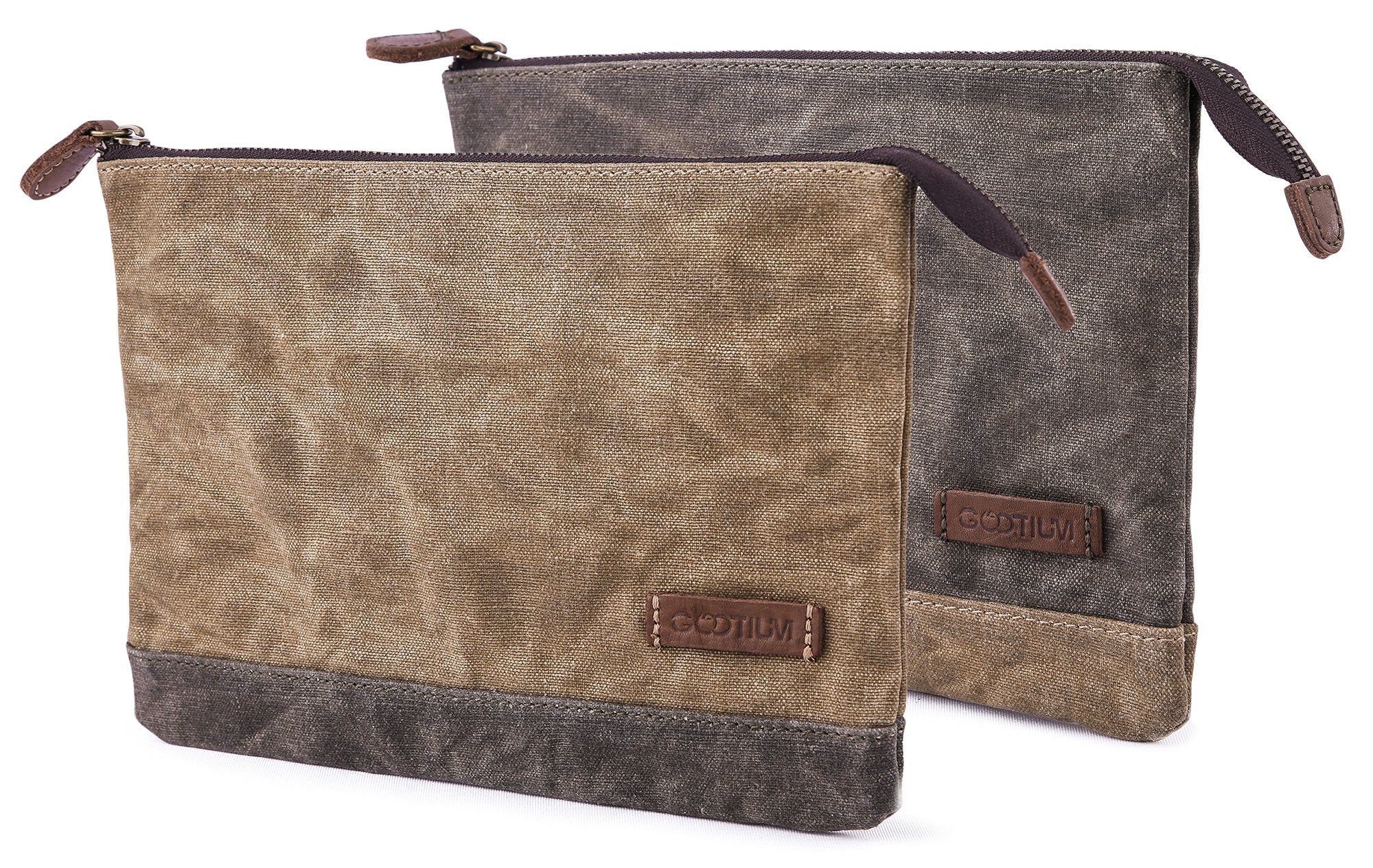 Gootium Waxed Canvas Zip Pouch Set - Zippered Makeup Bag Office Supply Folio Pencil Bag Multipurpose Organizer Accessories Holde