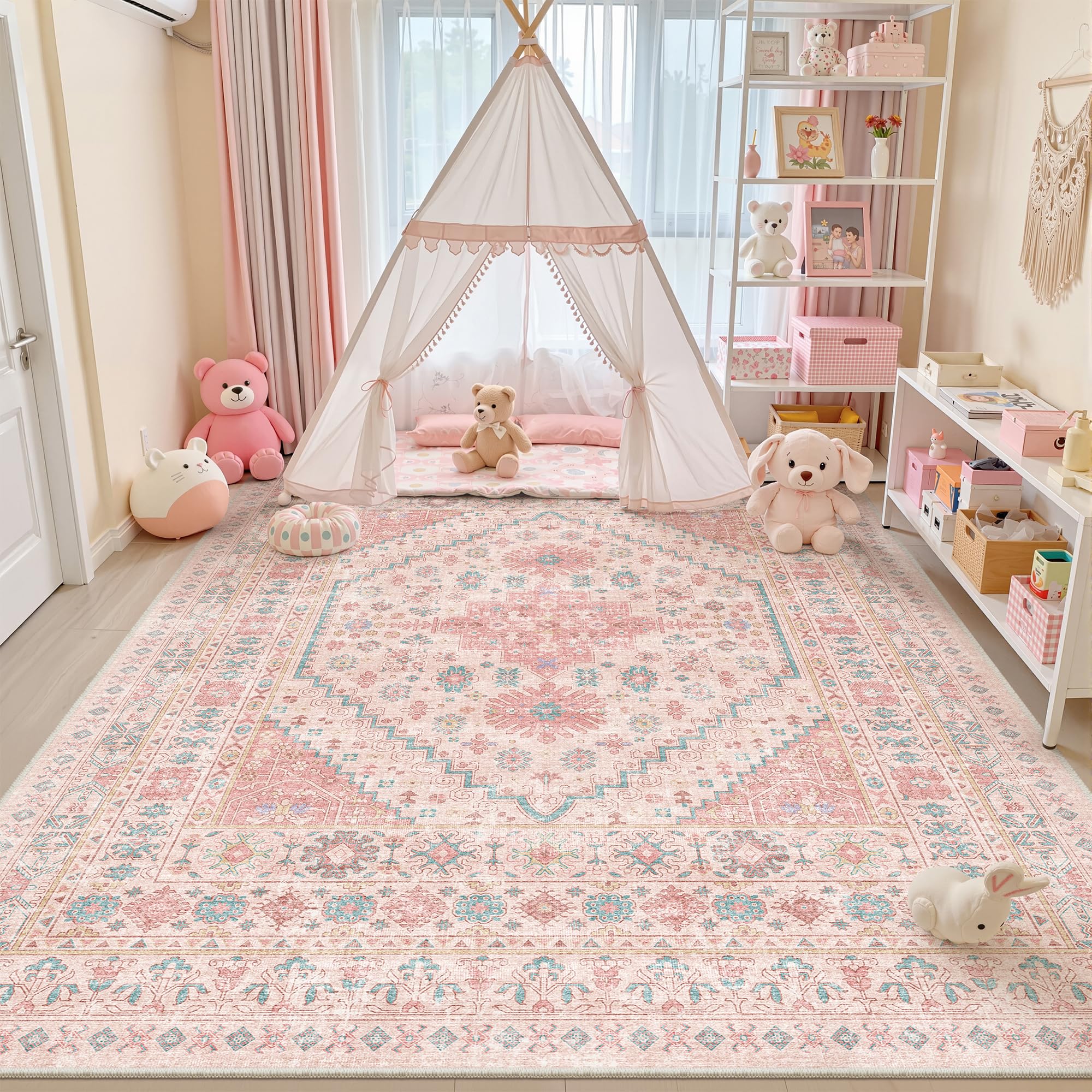 zesthome 8x12 Area Rugs for Girls Bedroom, Low Pile Machine Washable Rugs, Vintage Large Pink Rugs, Stain Resistant Nursery Room