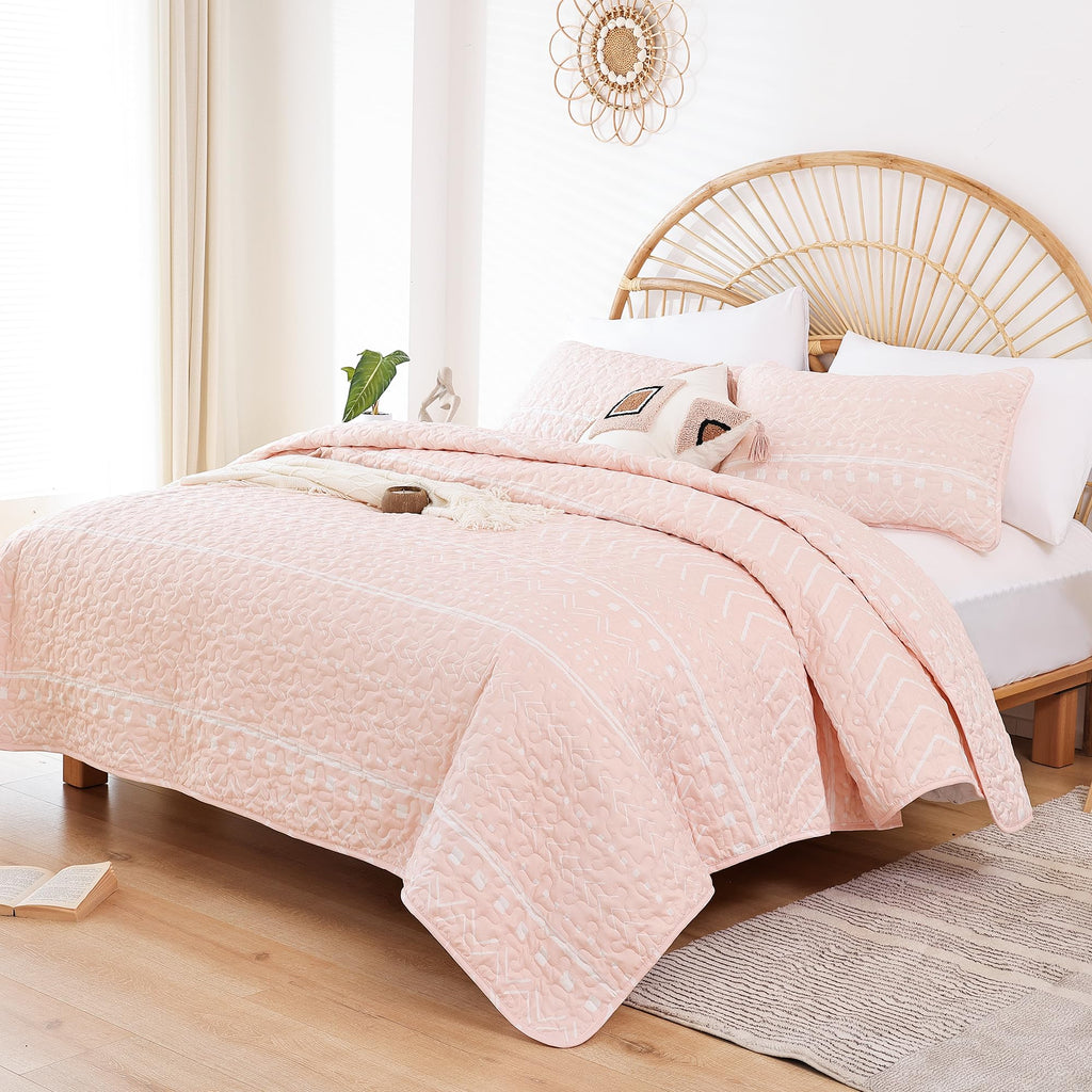 Janzaa Queen Size Quilt Boho Bedding Bedspreads Queen Size Pink Quilt 3Pcs With 2 Pillow Cases Reversible Coverlet Bedding Set For All Season