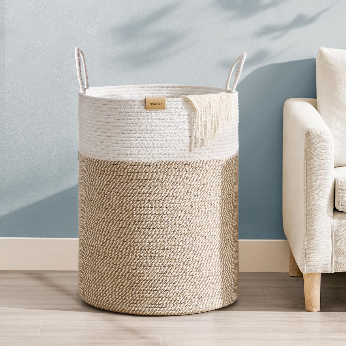 Nunsino 95L Laundry Hamper Basket,Baby Nursery Woven Storage Basket for Toys Bin,Pillows,Blankets,Clothes,Brown&White