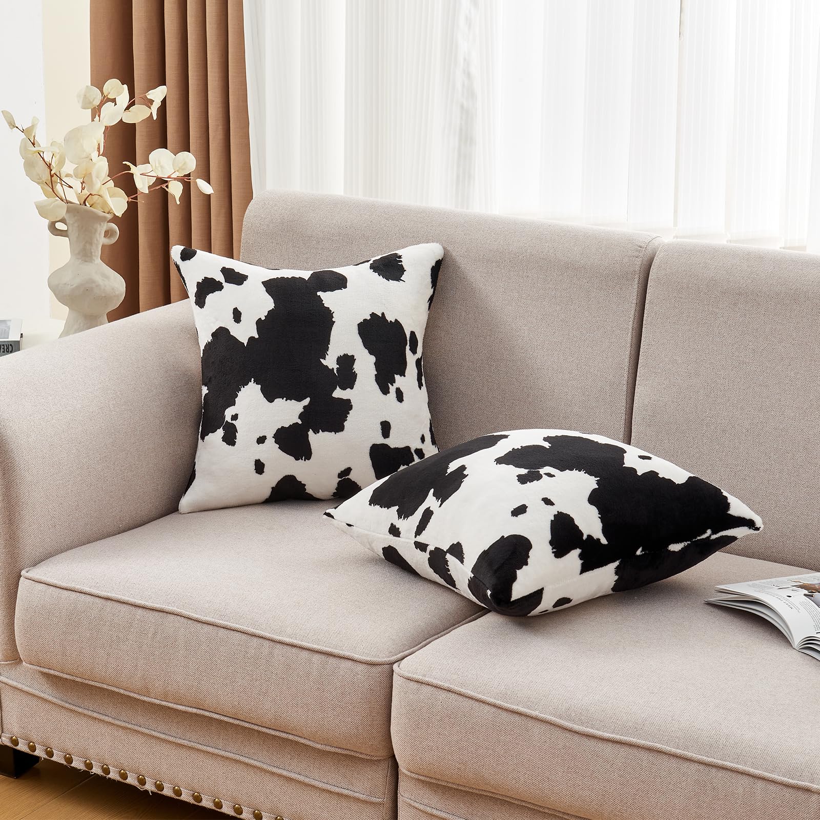 Sochow Decorative Throw Pillow Covers 18X18 Inches Set Of 2, Soft Cow Print Flannel Fleece Pillowcase Square Cushion Covers For