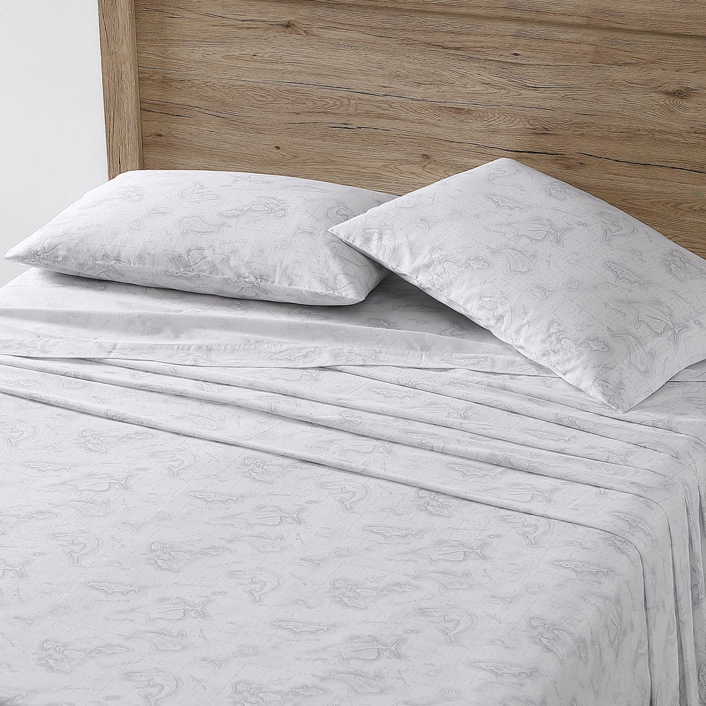 Eddie Bauer Home Sheets Cotton Percale Bedding Set, Crisp & Cool, Stylish Home Decor, King, Fish Atol White/Grey