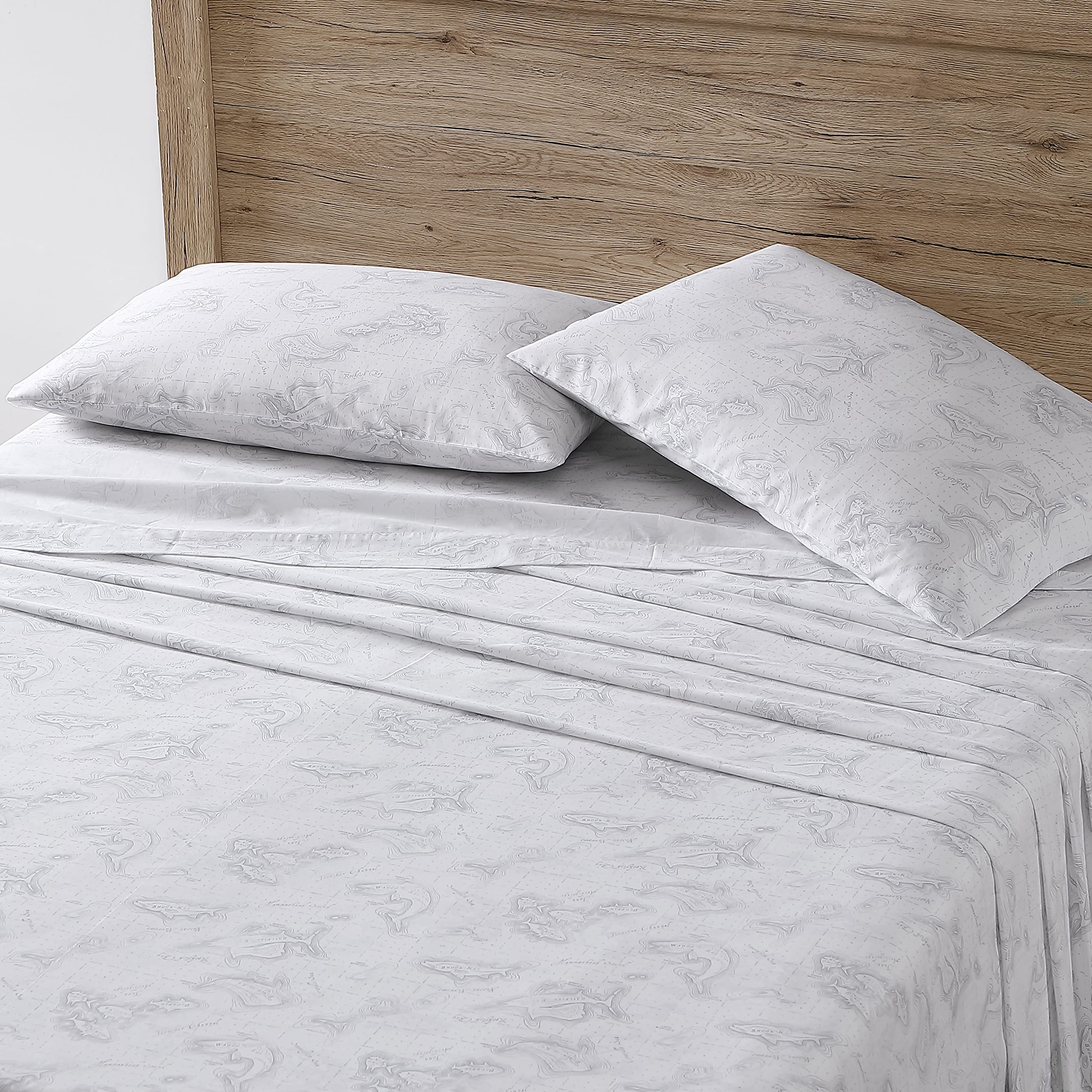 Eddie Bauer Home Sheets Cotton Percale Bedding Set, Crisp & Cool, Stylish Home Decor, King, Fish Atol White/Grey