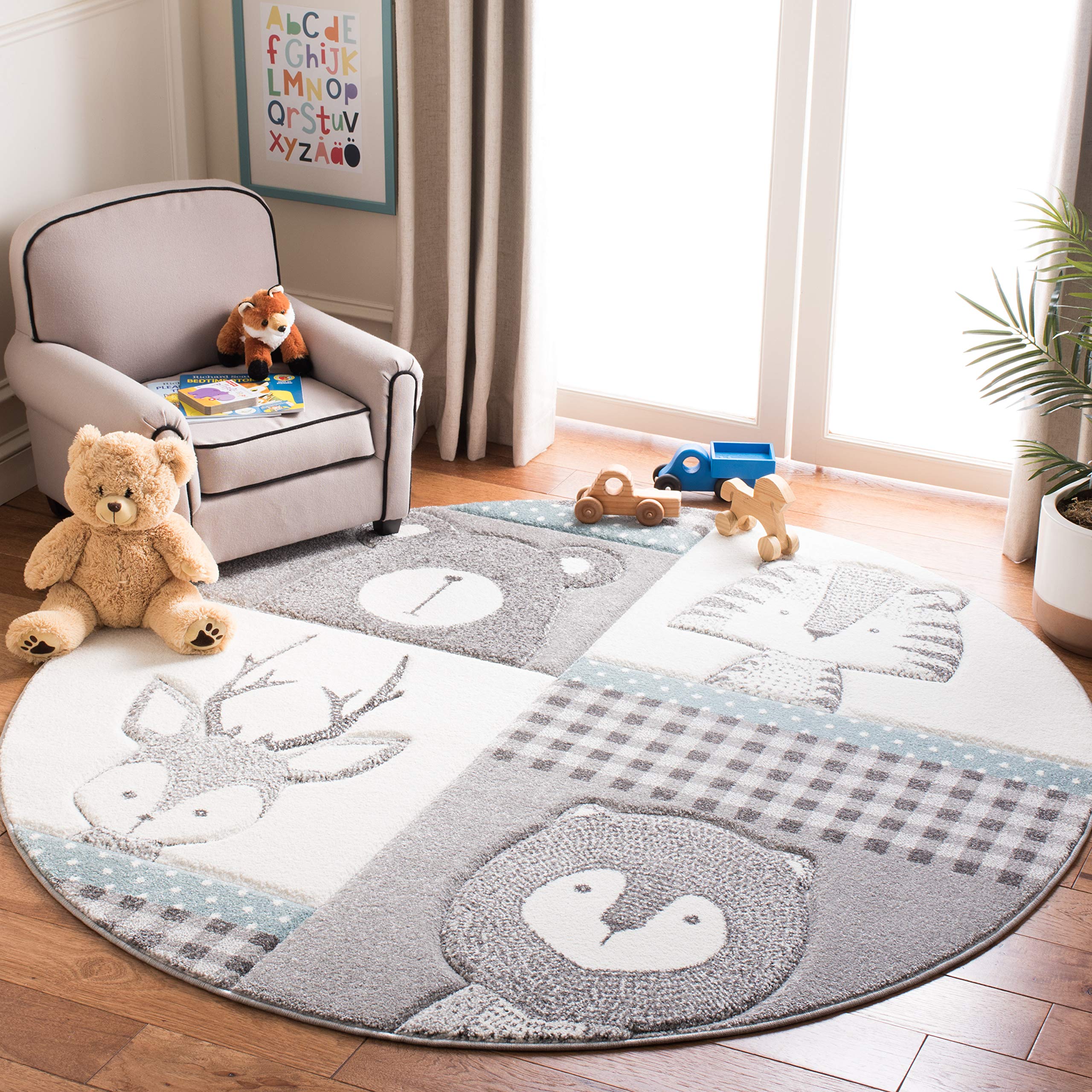 SAFAVIEH Carousel Kids Collection Area Rug - 53 Round, Grey & Ivory, Animal Design, Non-Shedding & Easy Care, Ideal for High Tr