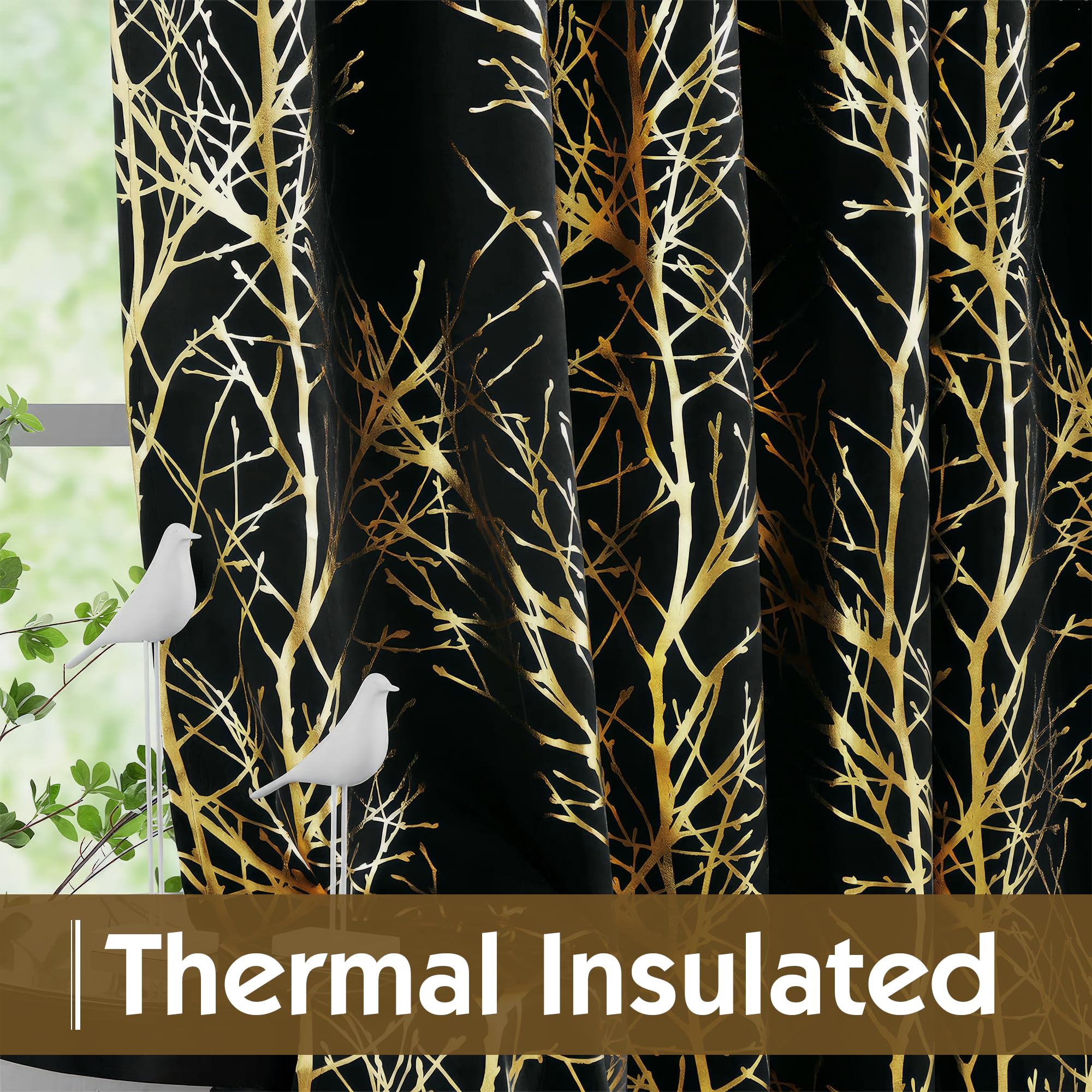 Fmfunctex 100% Blackout Curtains For Bedroom, Gold Foil On Black Curtains 84 Inches Long Curtains For Living Room, Metallic Tree