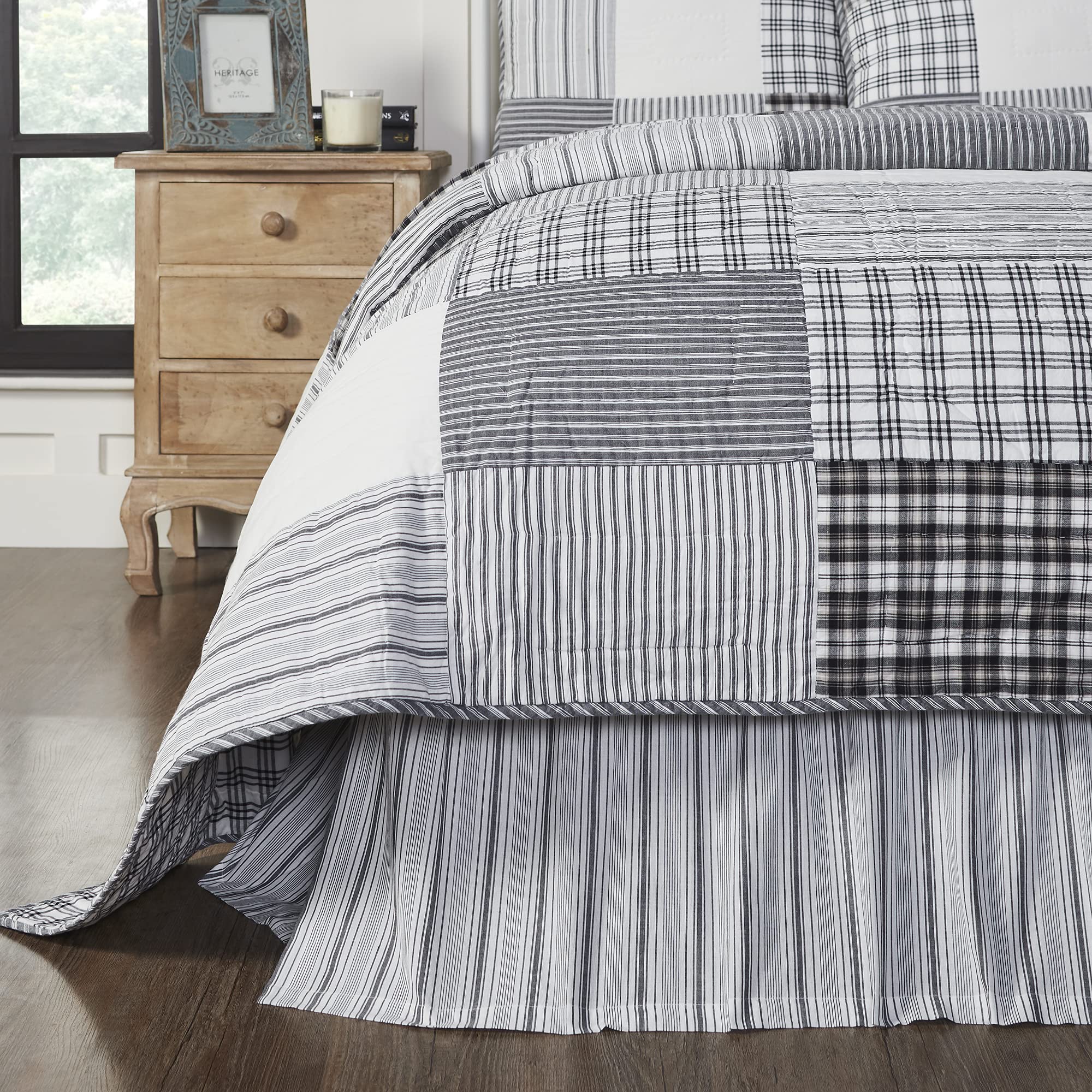 Vhc Brands, Sawyer Mill Striped Queen Bed Skirt, Black, 60X80X16