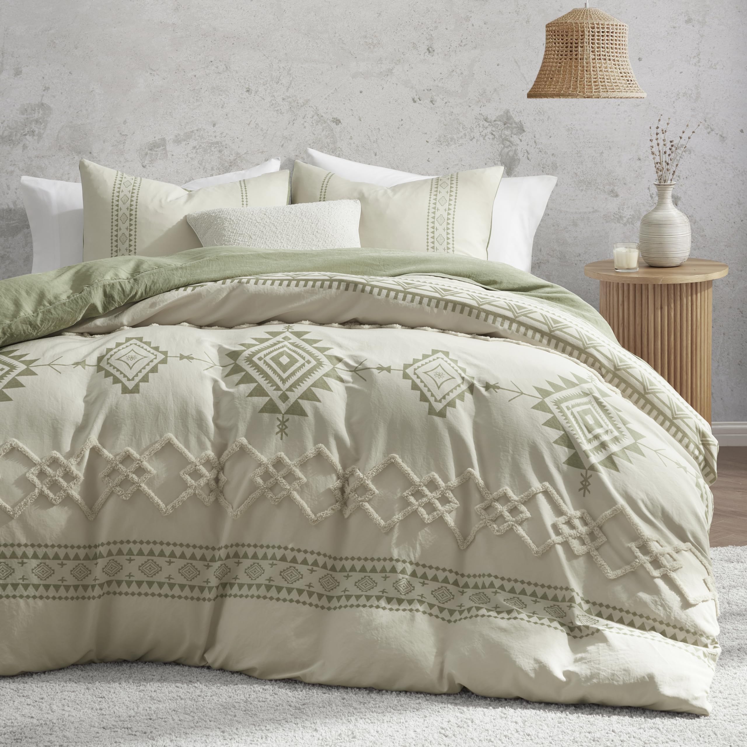 Oli Anderson Boho Duvet Cover Set Queen Size, Beige And Sage Green Color Clash 3 Pieces Microfiber Bedding Set, Durable And Supe