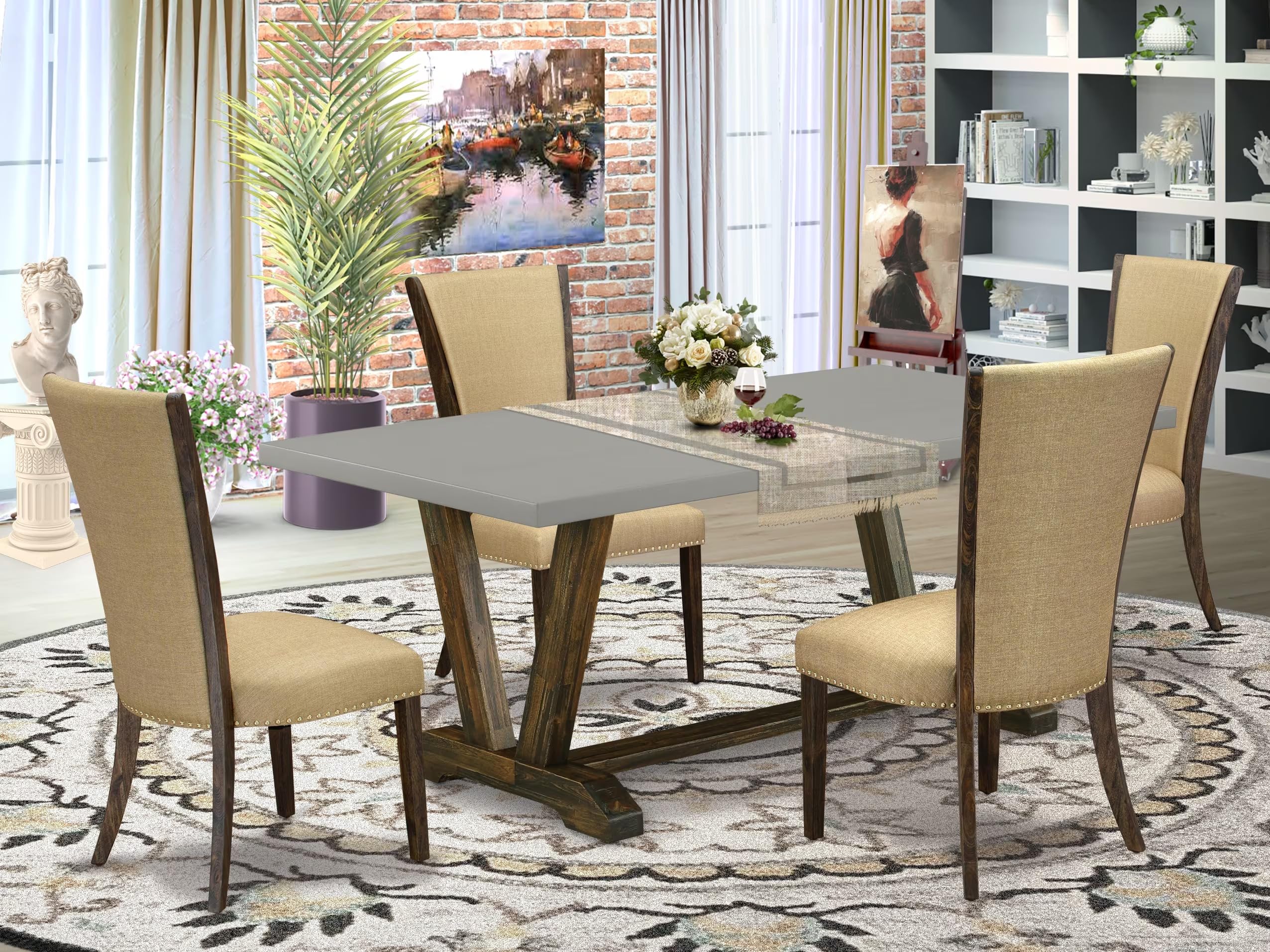 East West Furniture V797Ve703-5 5 Piece Dining Room Table Set Includes A Rectangle Dining Table With V-Legs And 4 Brown Linen Fabric Upholstered Parson Chairs, 40X72 Inch, Multi-Color