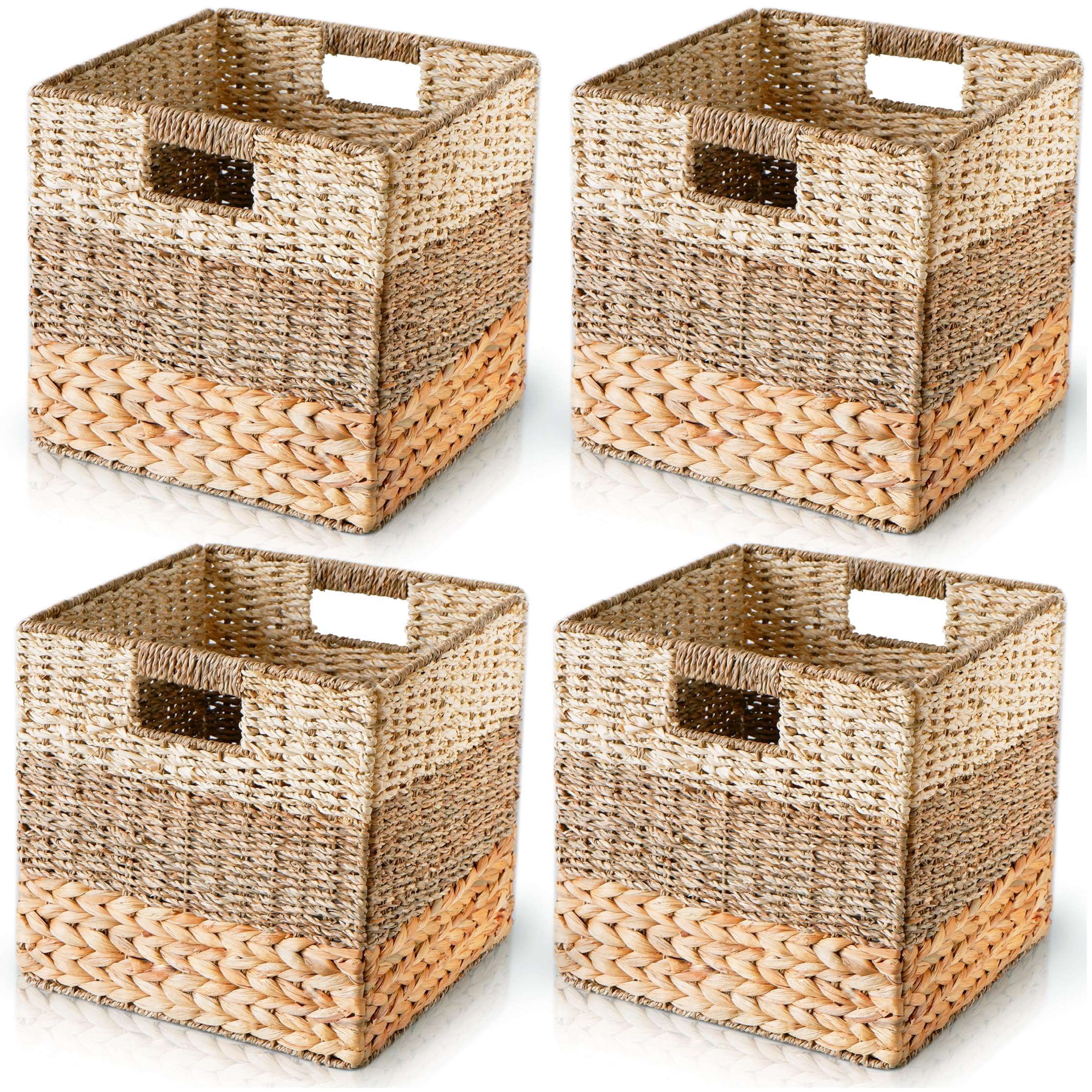 CHI AN HOME Wicker Storage Cubes 12x12, Set of 4 Heavy Duty Hyacinth Baskets for Shelf, Storage Cube Bins, Natural Foldable Squa