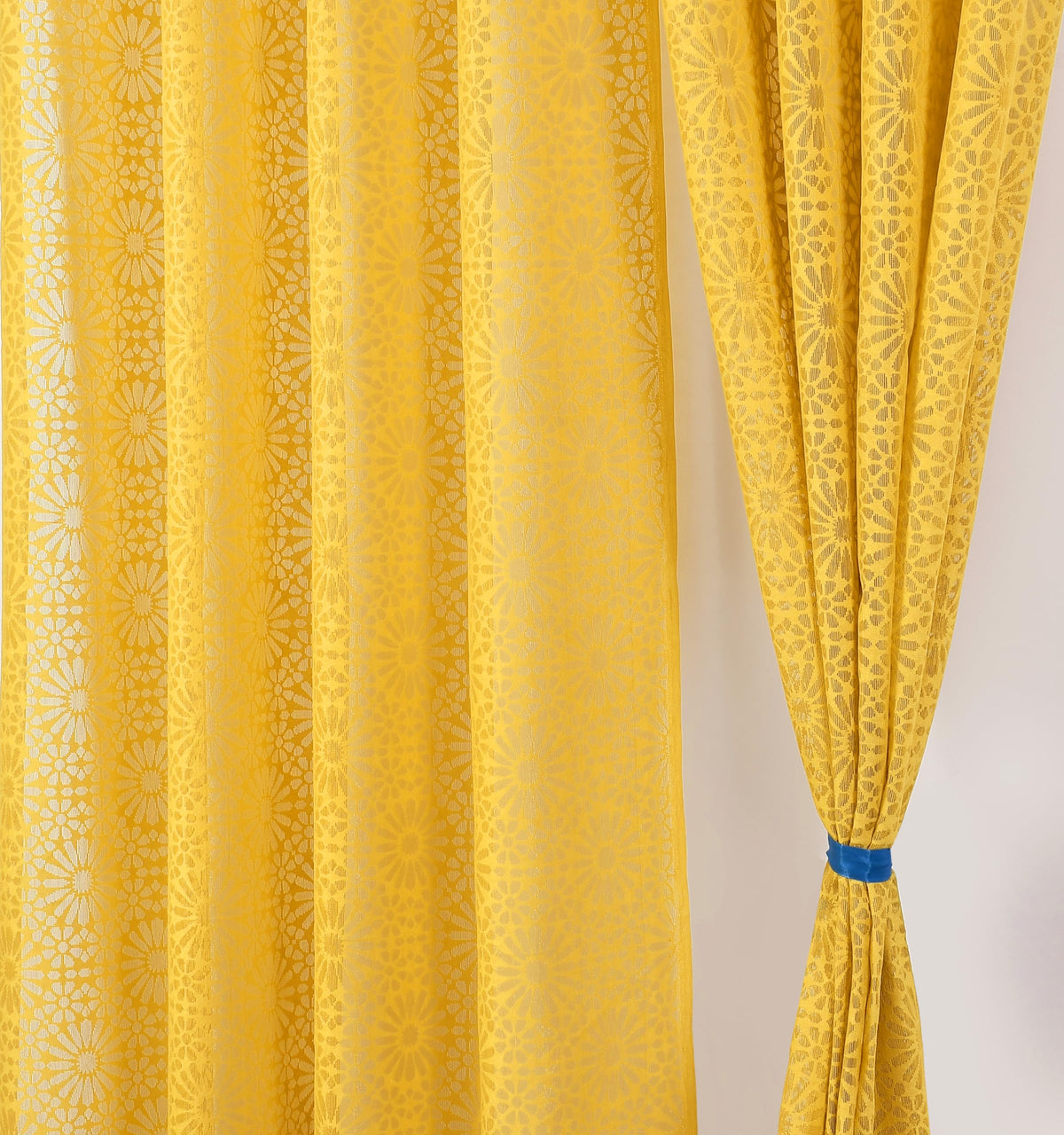 Fabrilia Semi Sheer Geometric Pattern Door Net Curtains 7 feet Long Set of 2 for Living Room/Bedroom, Yellow, Grommet