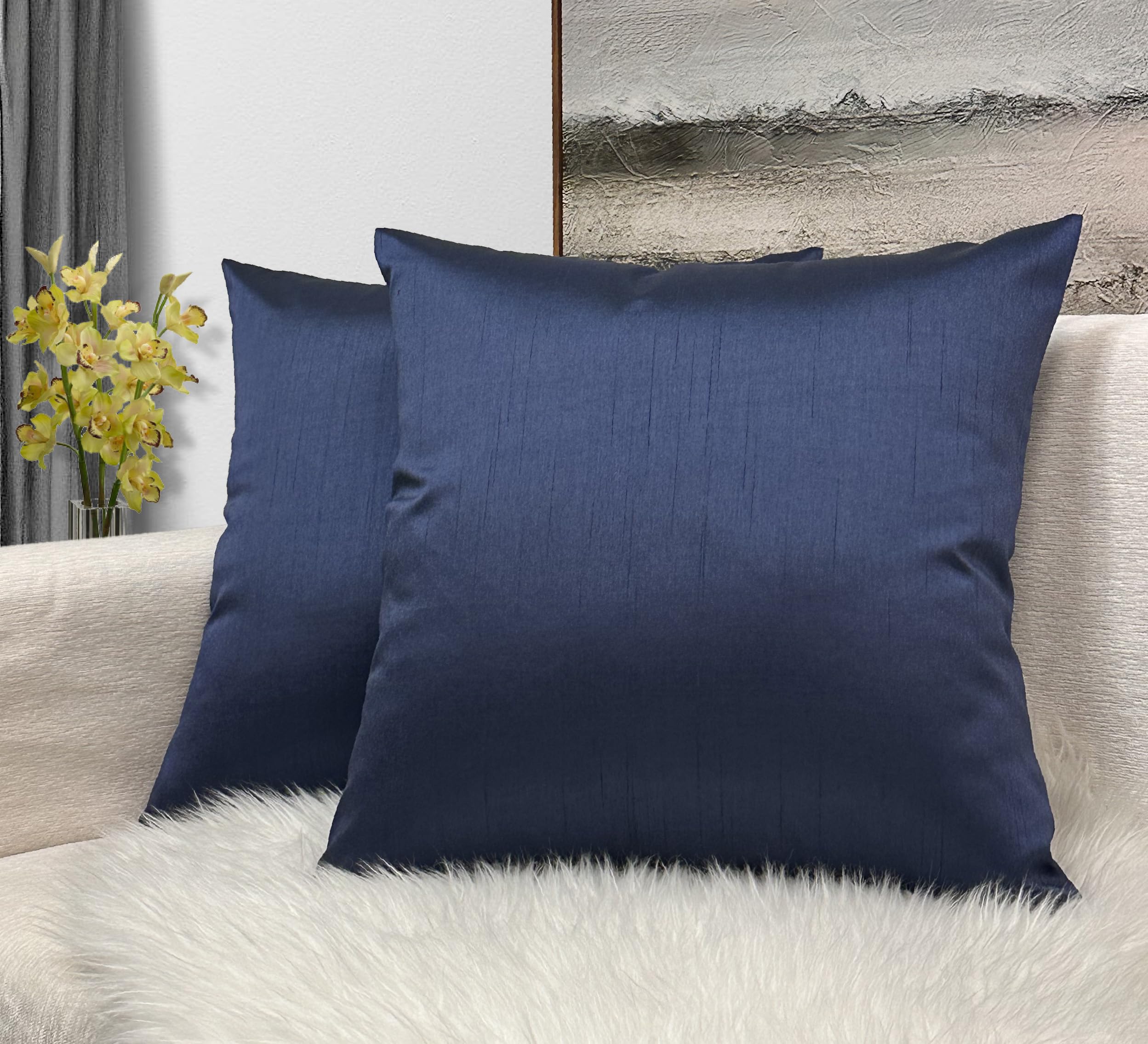 Aiking Home 24X24 Inches Faux Silk Square European Shams, Zipper Closure, Navy (Set Of 2)