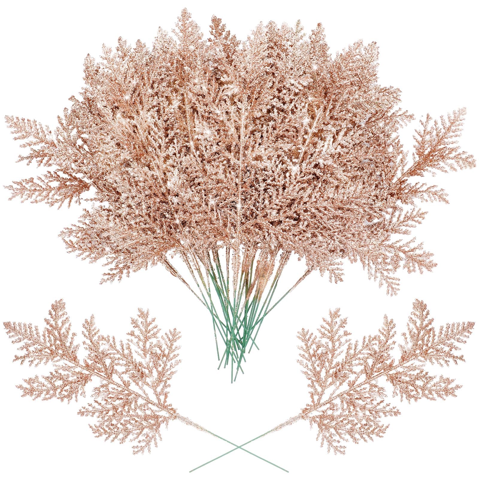 Cindeer 100 Pcs Christmas Tree Picks Sprays 10.24 Inch Glitter Artificial Pine Leaves Cedar Stems Faux Pine Needles Greenery Ced