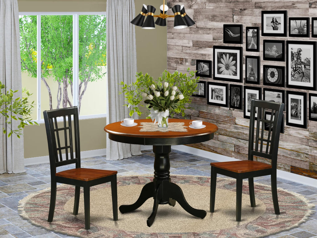 East West Furniture ANNI3-BLK-W 3 Piece Modern Dining Table Set Contains a Round Kitchen Table with Pedestal and 2 Dining Room Chairs, 36x36 Inch, Black & Cherry