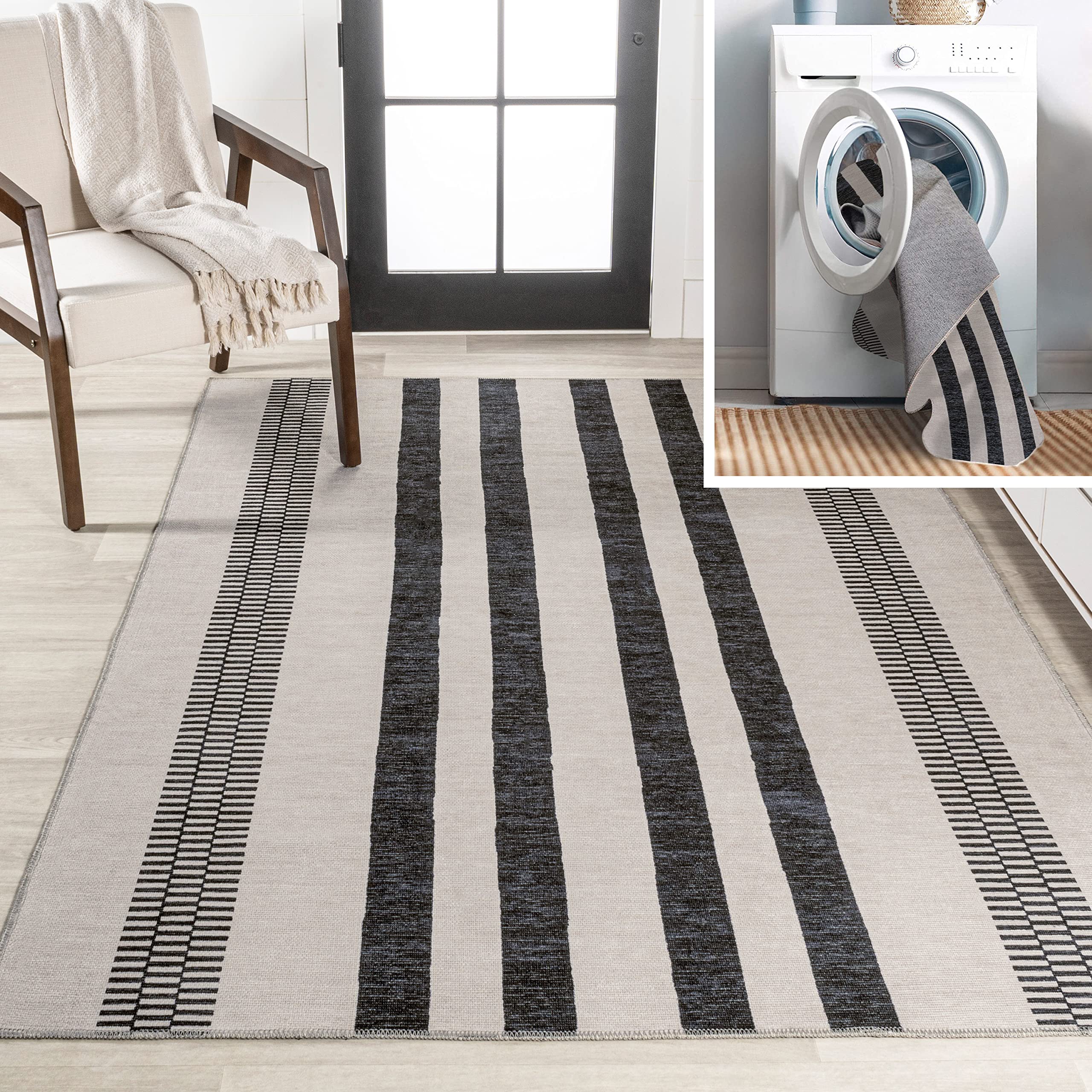 JONATHAN Y WSH122B-5 Vichy Geometric Striped Machine-Washable Indoor Area-Rug, Farmhouse, Midcentury, Rustic Easy-Cleaning,Bedro