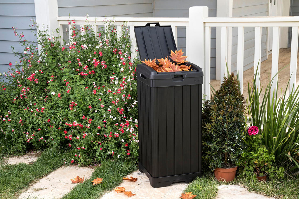 Keter Baltimore Resin 38 Gallon Outdoor Kitchen Trash Can With Lid And Drip Tray For Easy Cleaning-Perfect For Patio Dining, Bla