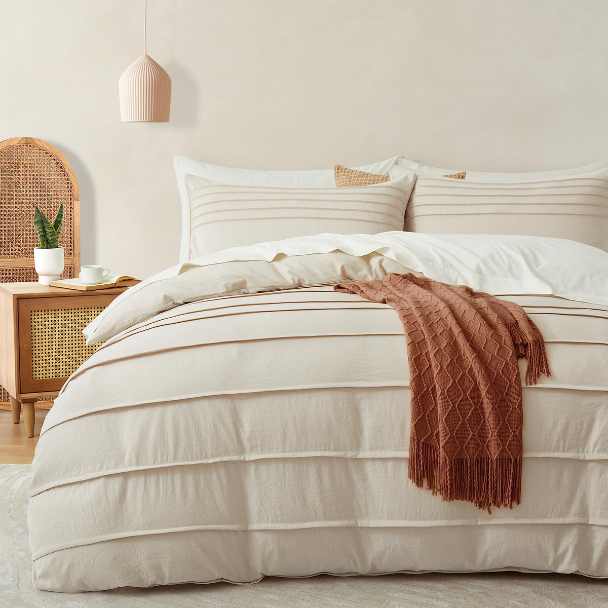 Oli Anderson Light Khaki Duvet Cover Queen Size - Pleated Queen Duvet Cover, 3Pcs Soft And Breathable Textured Bedding Set With