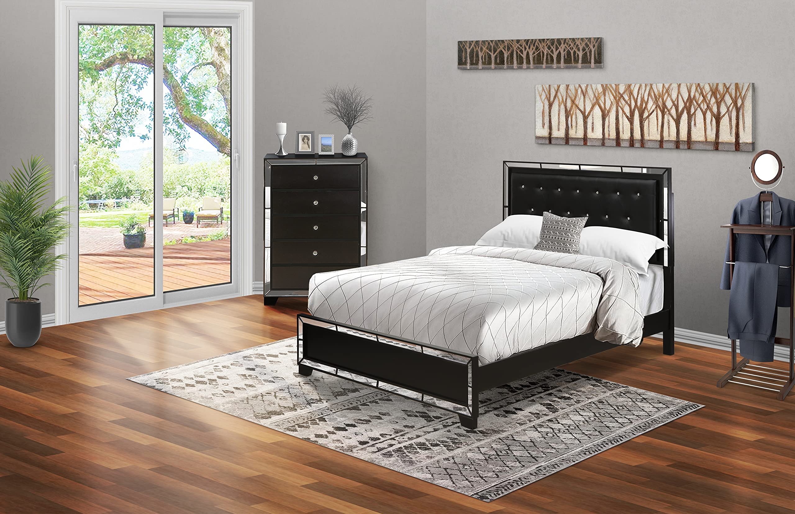 East West Furniture Ne11-Q0000C 2-Piece Nella Bedroom Set With Button Tufted Queen Bedframe And Chester Drawers - Black Faux Leather Upholstered Headboard And Black Legs