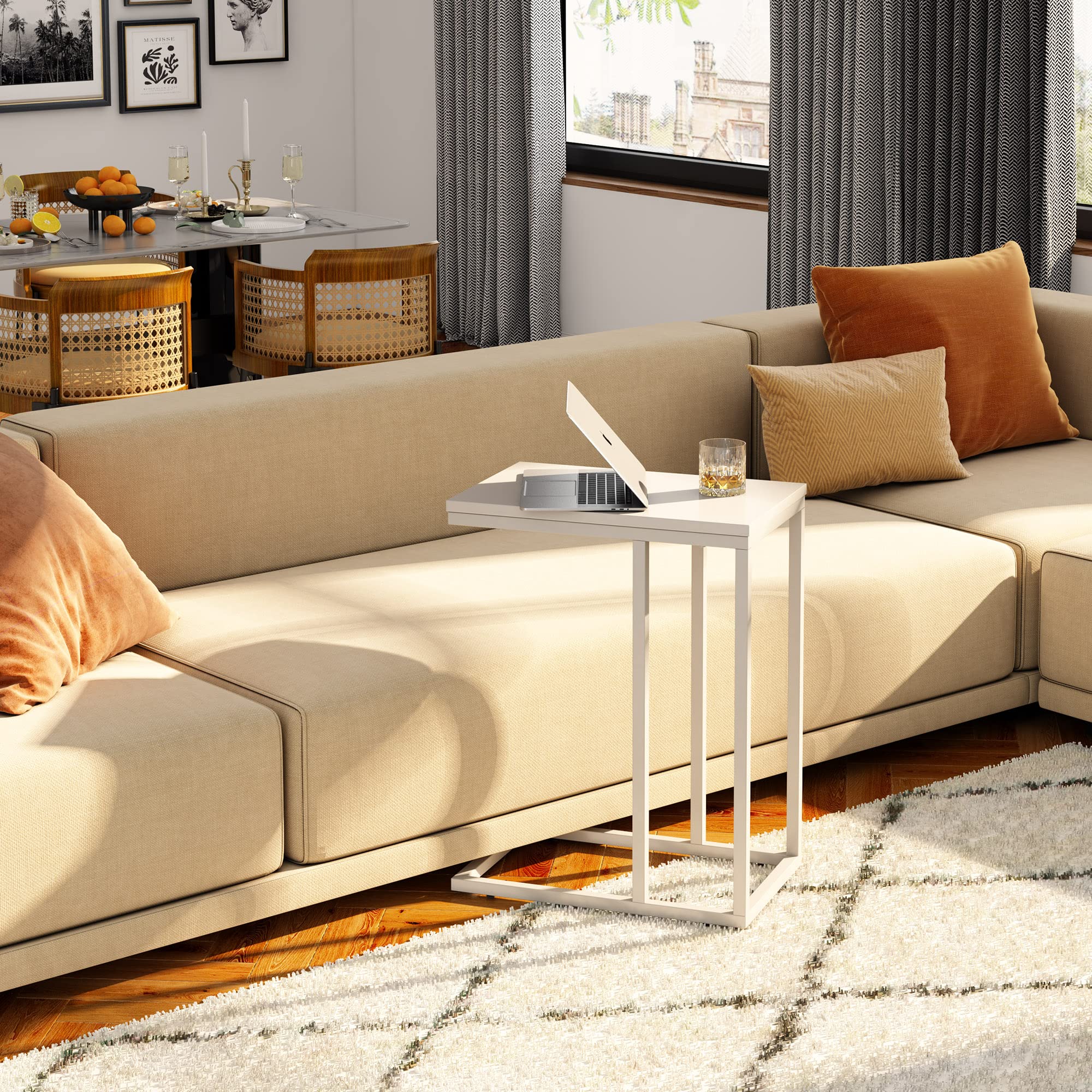 Wlive Side Table, C Shaped End Table For Couch, Sofa And Bed, Large Desktop C Table For Living Room, Bedroom, Creamy White And Black