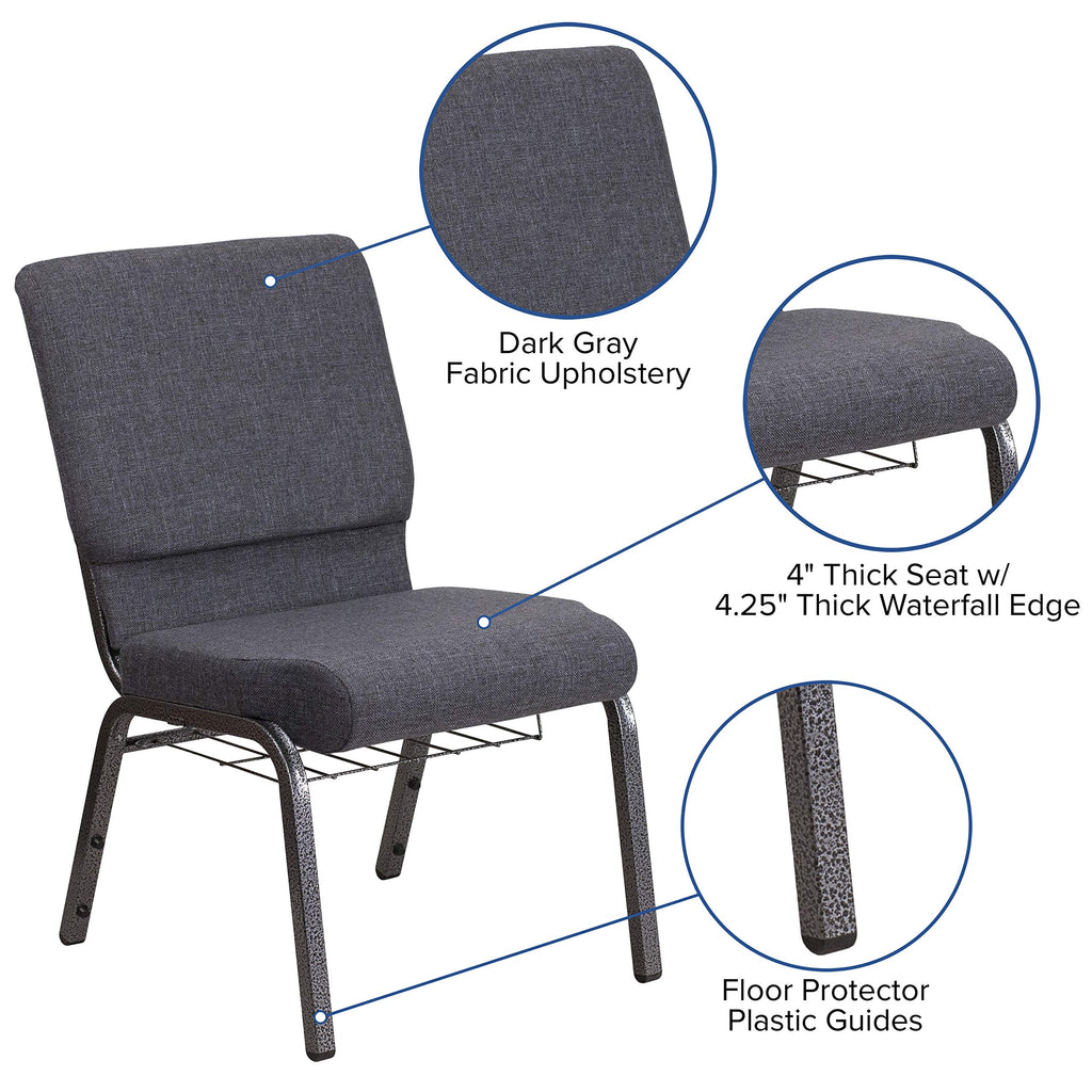 Flash Furniture Hercules Series 18.5''W Church Chair In Dark Gray Fabric With Book Rack - Silver Vein Frame