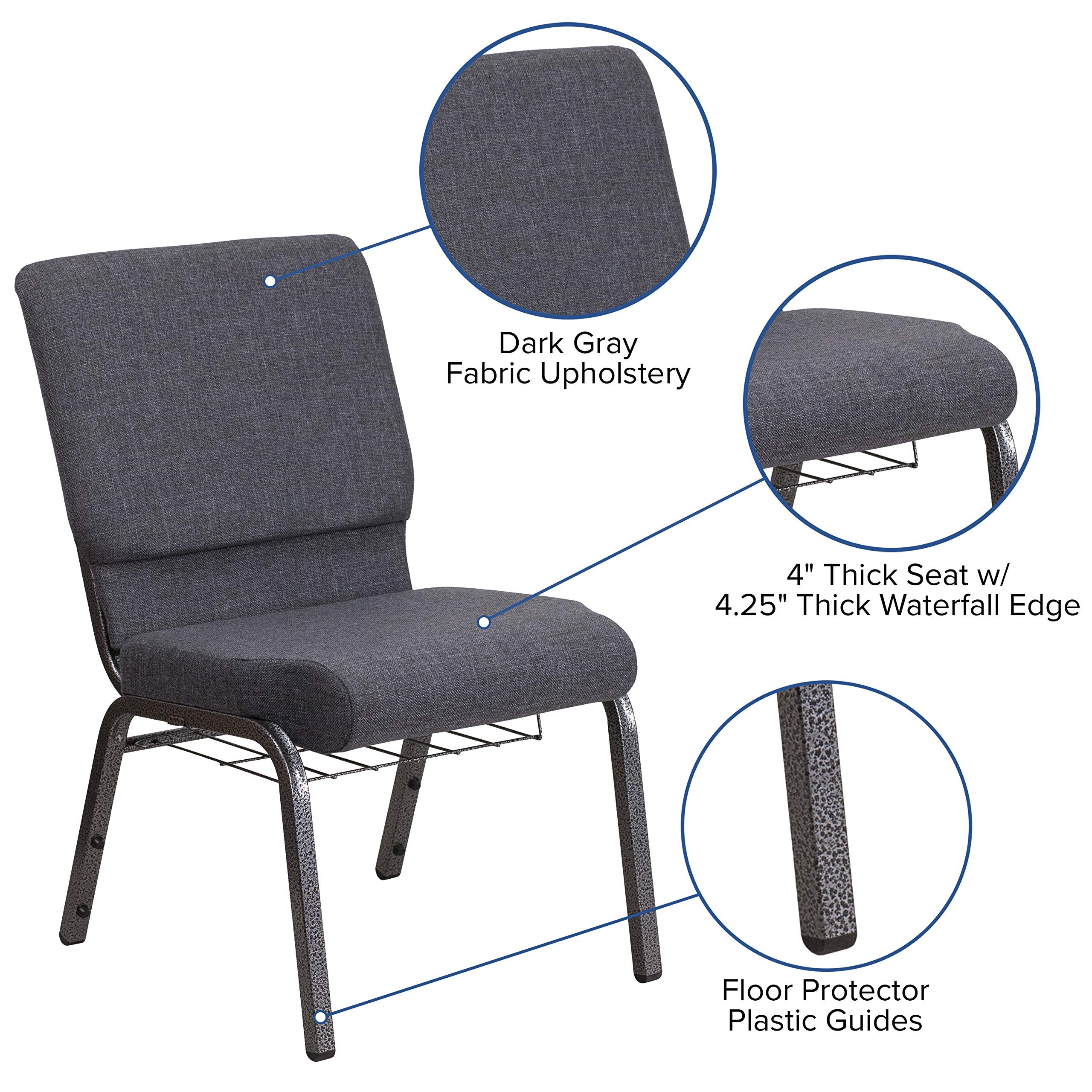 Flash Furniture Hercules Series 18.5''W Church Chair In Dark Gray Fabric With Book Rack - Silver Vein Frame