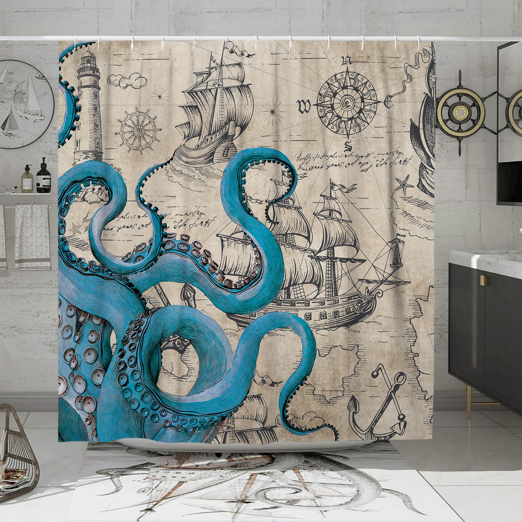 Desihom Vintage Nautical Octopus Shower Curtain Set, Funny Ocean Kraken Shower Curtains For Bathroom, Beach Coastal Pirate Map D