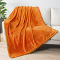 Pavilia Fleece Throw Blanket For Couch With Pom Pom Fringe, Orange Fall, Soft Cozy Fuzzy Flannel Blanket For Sofa Bed, Lightweig