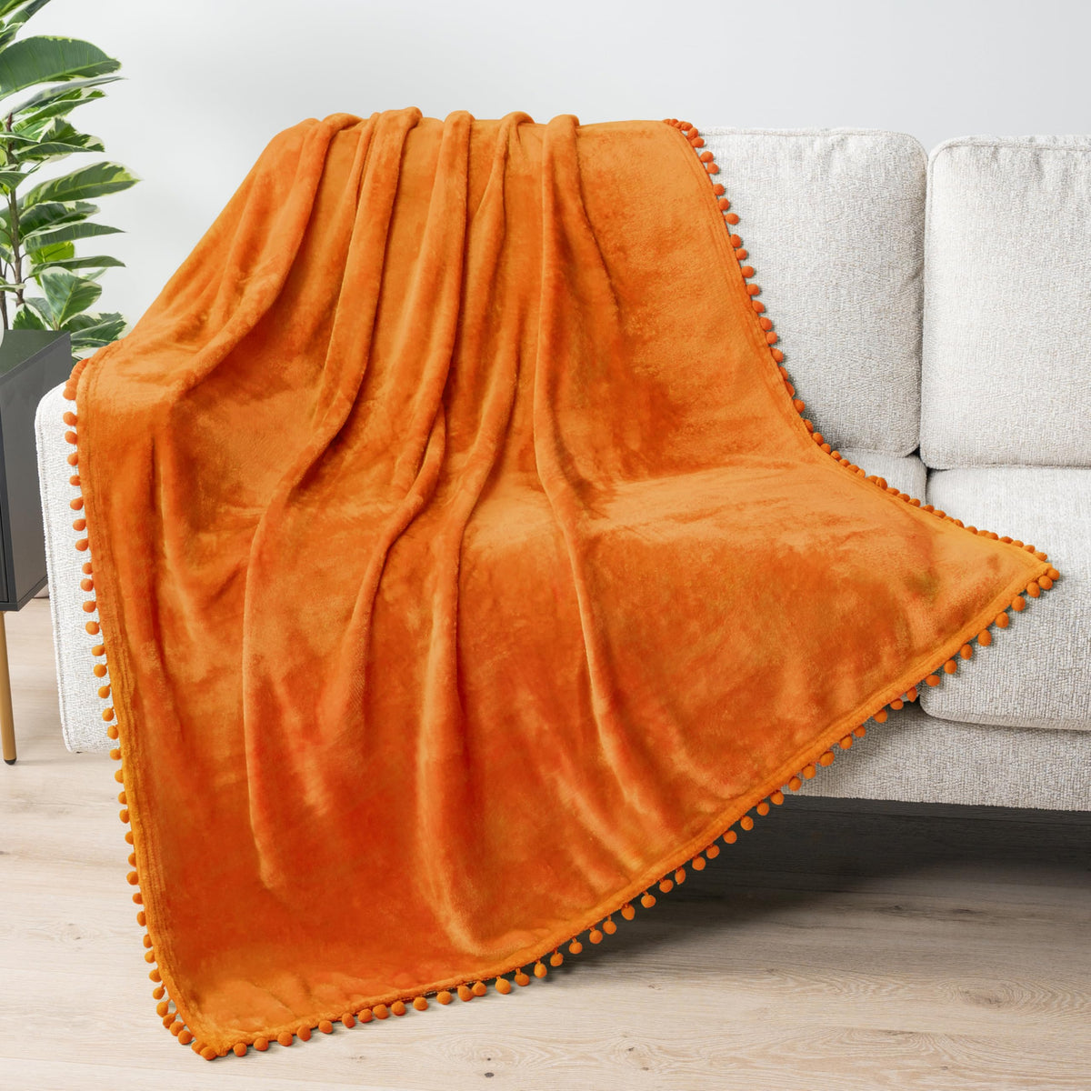 Pavilia Fleece Throw Blanket For Couch With Pom Pom Fringe, Orange Fall, Soft Cozy Fuzzy Flannel Blanket For Sofa Bed, Lightweig