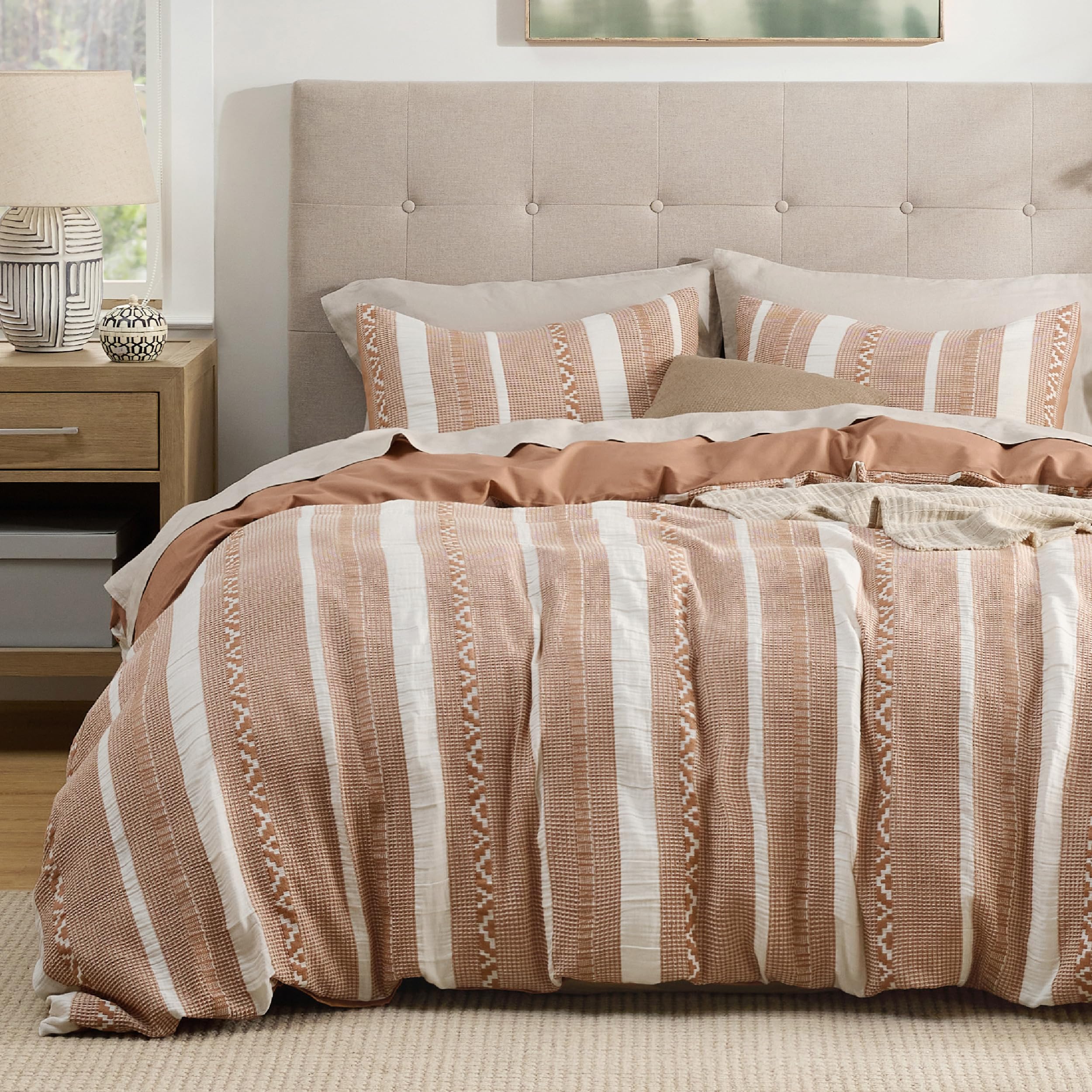 Bedsure Waffle Weave Duvet Cover Queen - 100% Cotton Boho Duvet Cover Set With 2 Pillowcases - Extra Soft Terracotta Textured Co