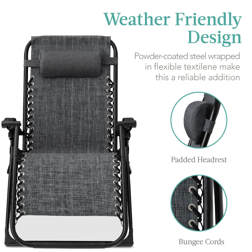 Best Choice Products Oversized Zero Gravity Chair, Folding Outdoor Patio Recliner, Xl Anti Gravity Lounger W/Removable Cushion, Cup Holder, Side Tray, 350Lb Capacity - Fossil Gray