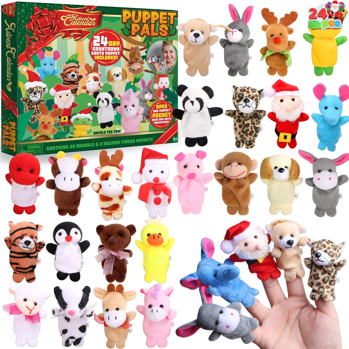 JOYIN Christmas Advent Calendar 2024 with Finger Puppets,24 Days Christmas Countdown Advent Calendar with Plush Animal Finger Pu