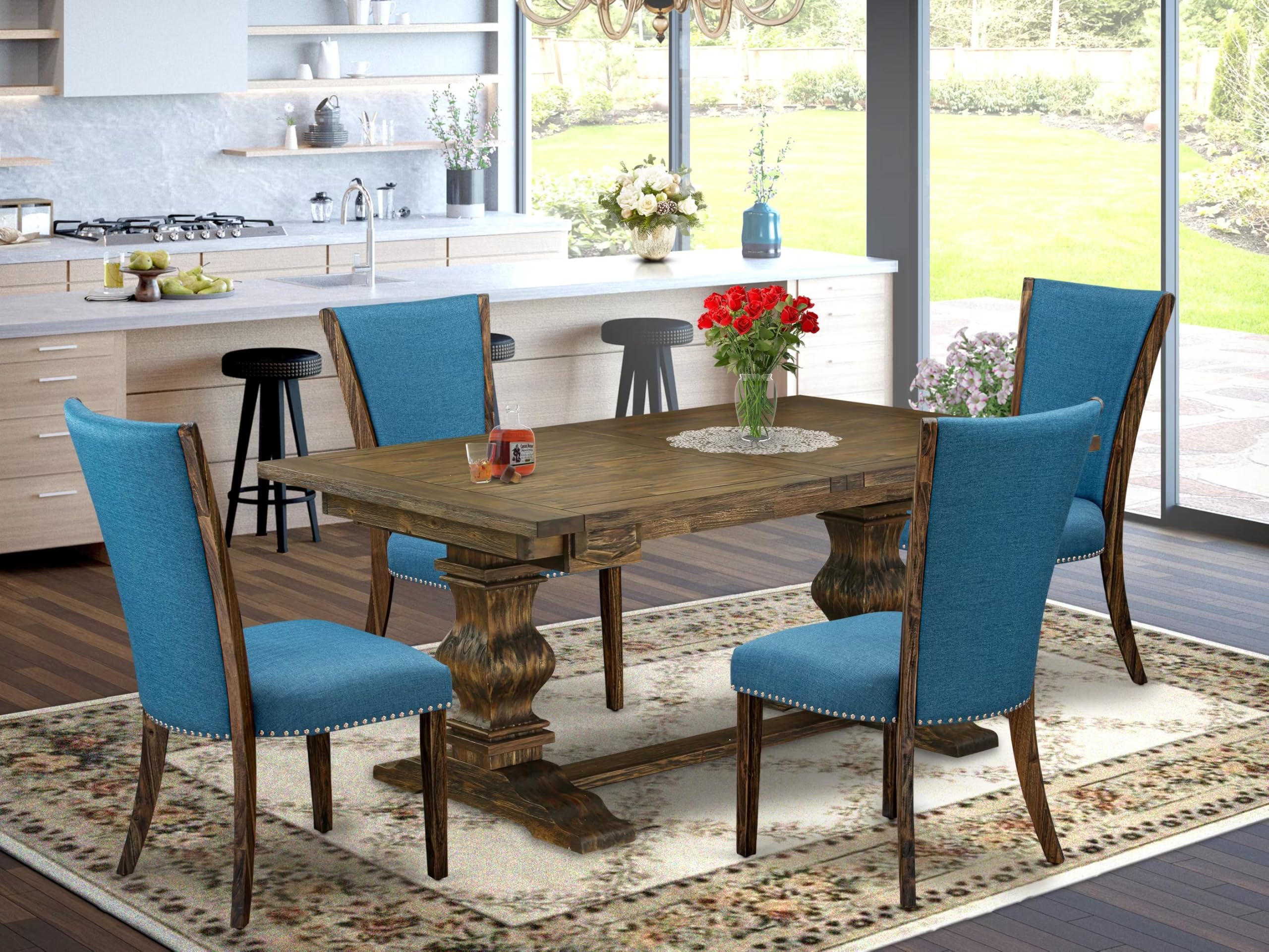 East West Furniture Lave5-77-21 5 Piece Dining Table Set Includes A Rectangle Kitchen Table With Removable Leaf And 4 Blue Color Linen Fabric Upholstered Chairs, 42X92 Inch, Jacobean
