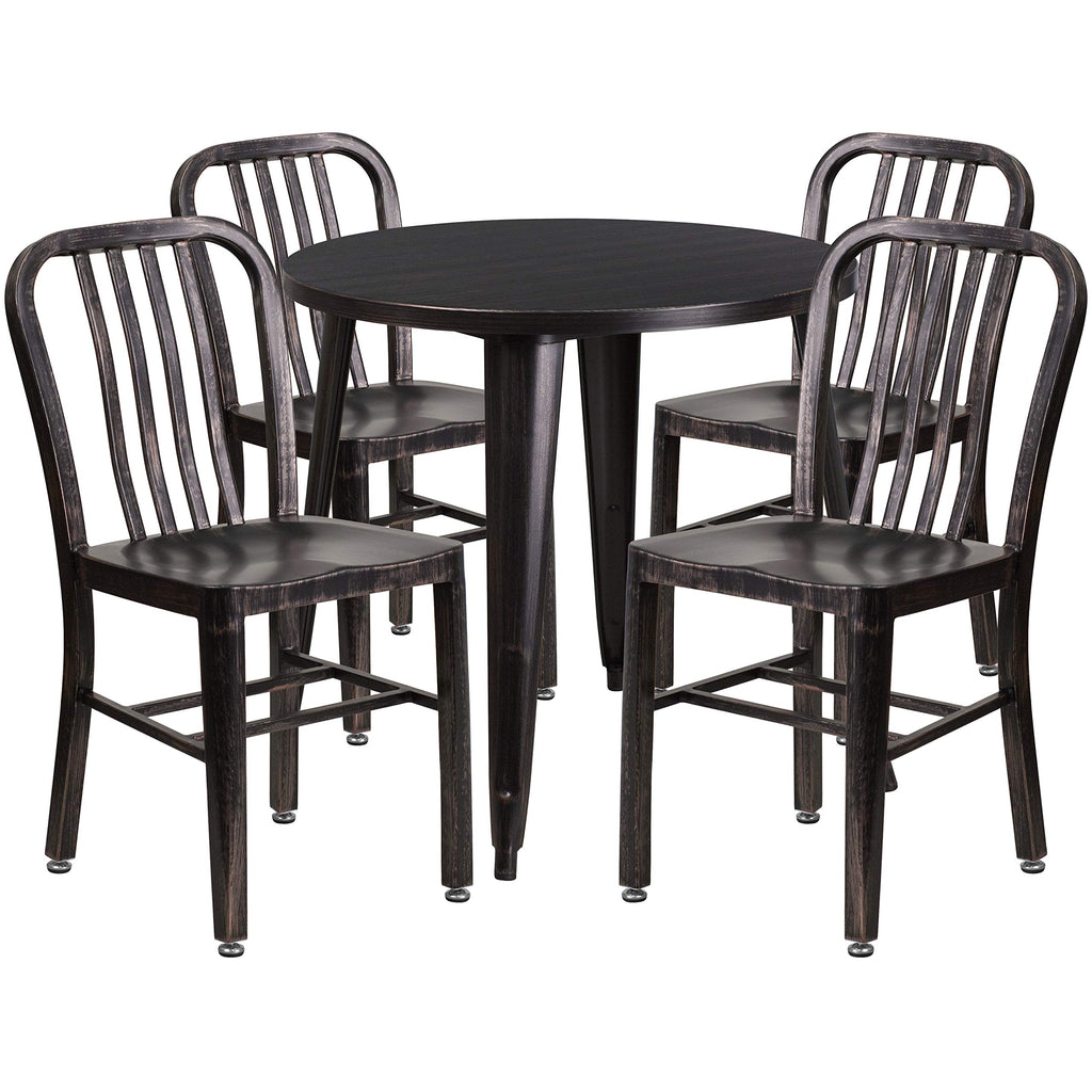 Flash Furniture Commercial Grade 30" Round Black-Antique Gold Metal Indoor-Outdoor Table Set with 4 Vertical Slat Back Chairs