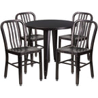 Flash Furniture Commercial Grade 30" Round Black-Antique Gold Metal Indoor-Outdoor Table Set with 4 Vertical Slat Back Chairs