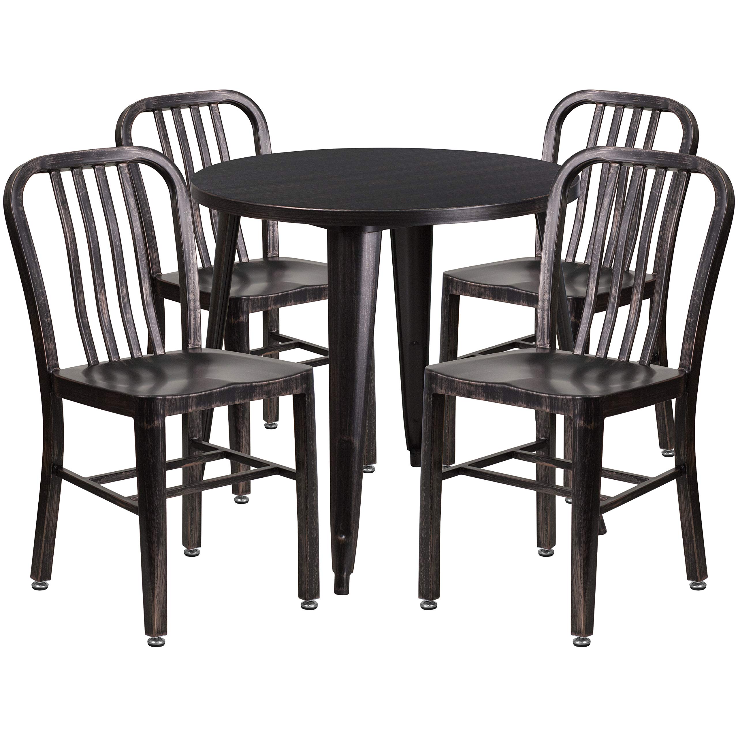 Flash Furniture Commercial Grade 30" Round Black-Antique Gold Metal Indoor-Outdoor Table Set with 4 Vertical Slat Back Chairs