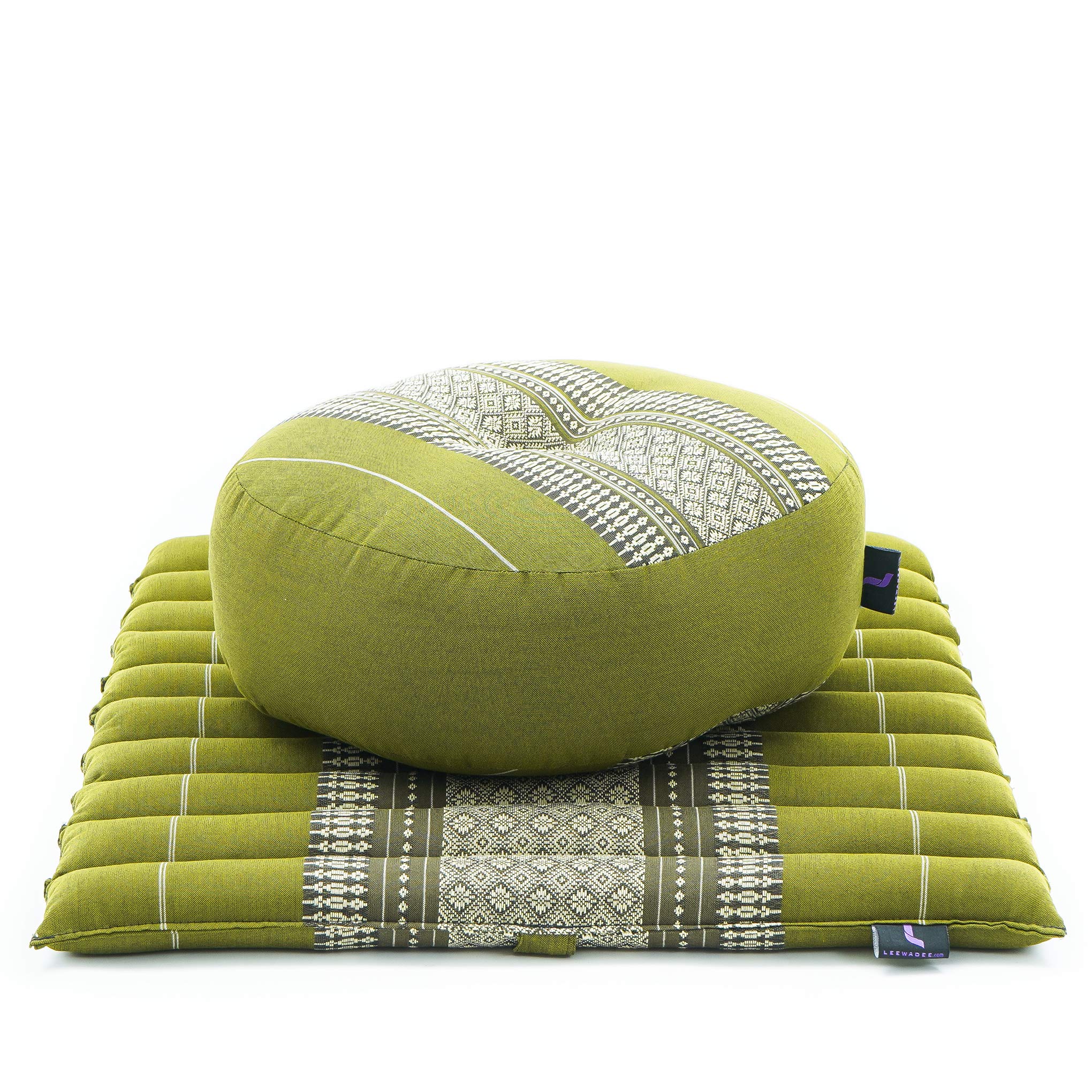 Leewadee Meditation Cushion Set - 1 Small Zafu Yoga Pillow and 1 Small Roll-Up Zabuton Mat Filled with Kapok, Green