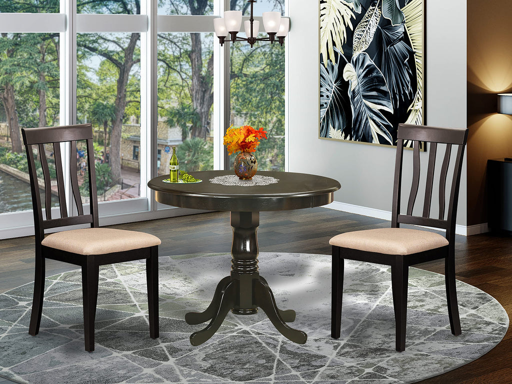 East West Furniture ANTI3-CAP-C 3 Piece Dining Room Table Set Contains a Round Kitchen Table with Pedestal and 2 Linen Fabric Upholstered Dining Chairs, 36x36 Inch, Cappuccino