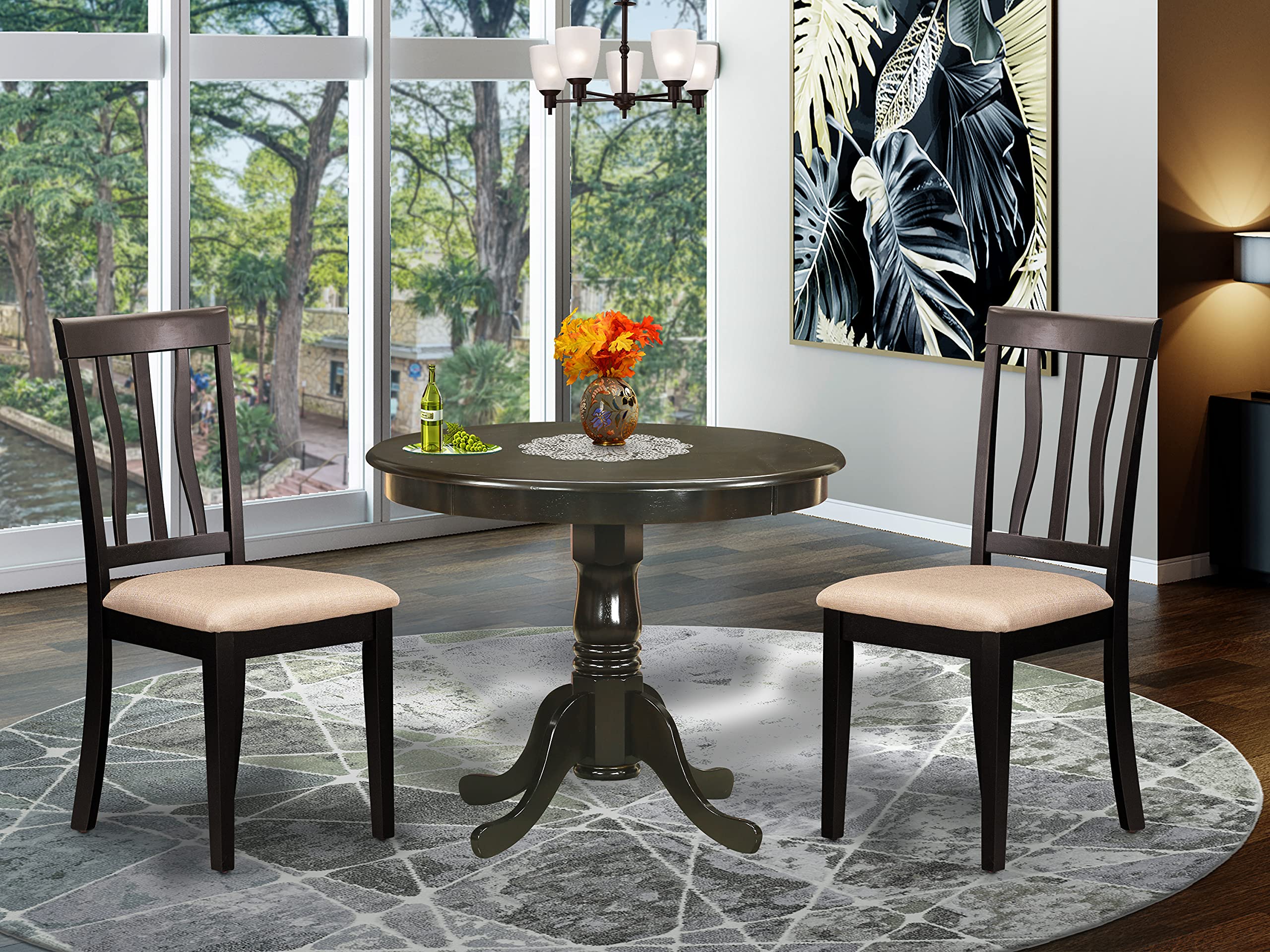 East West Furniture ANTI3-CAP-C 3 Piece Dining Room Table Set Contains a Round Kitchen Table with Pedestal and 2 Linen Fabric Upholstered Dining Chairs, 36x36 Inch, Cappuccino