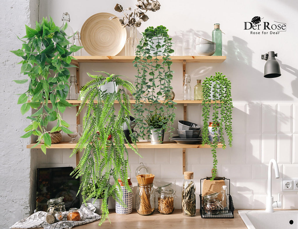 Der Rose 4 Pack Fake Plants Hanging With Pots Artificial Ivy Vine Faux Eucalyptus Hanging Plants, Boston Fern, String Of Pearls