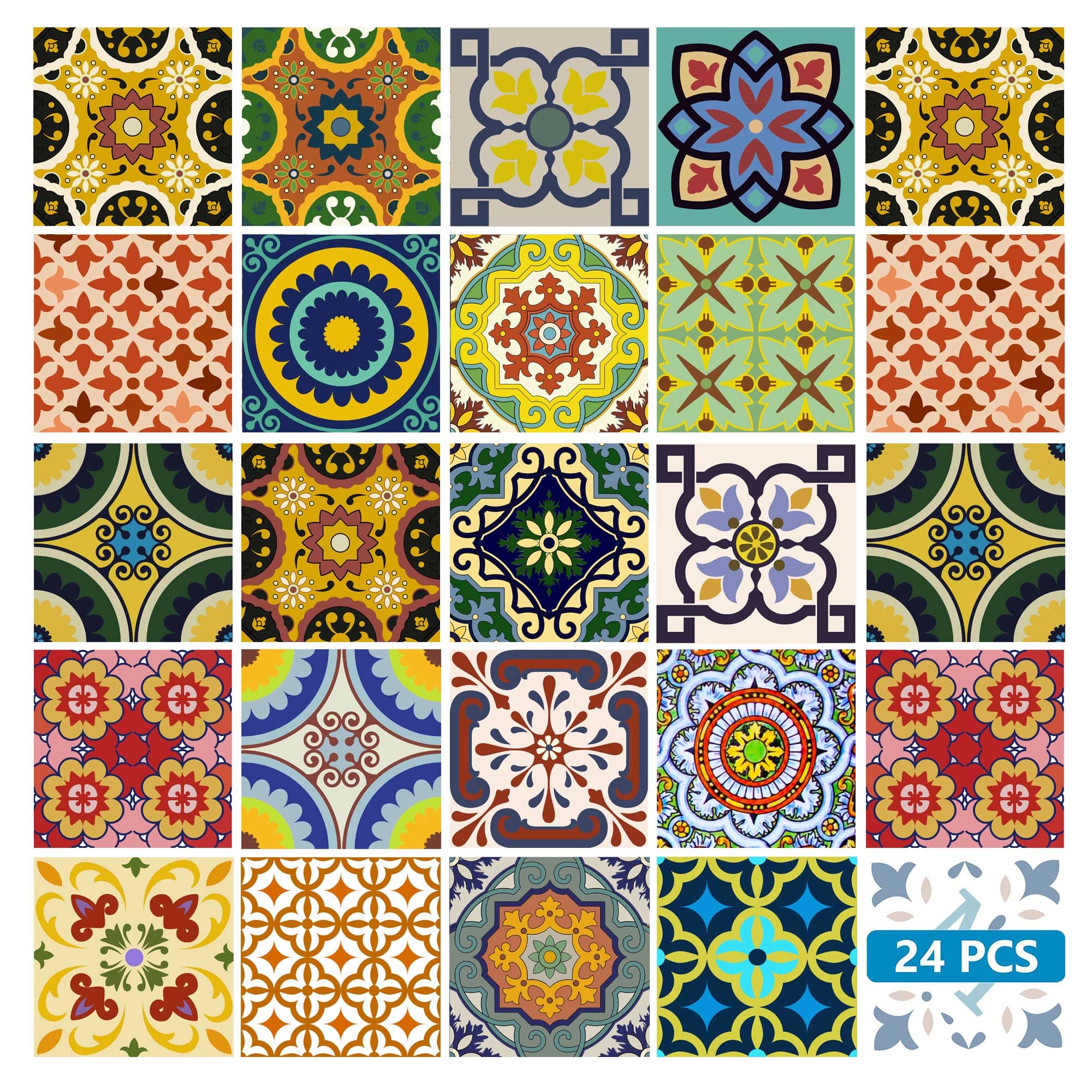 Backsplash Tile Stickers 24 PC Set Traditional Talavera Tiles Stickers Bathroom & Kitchen Tile Decals Easy to Apply Just Peel an