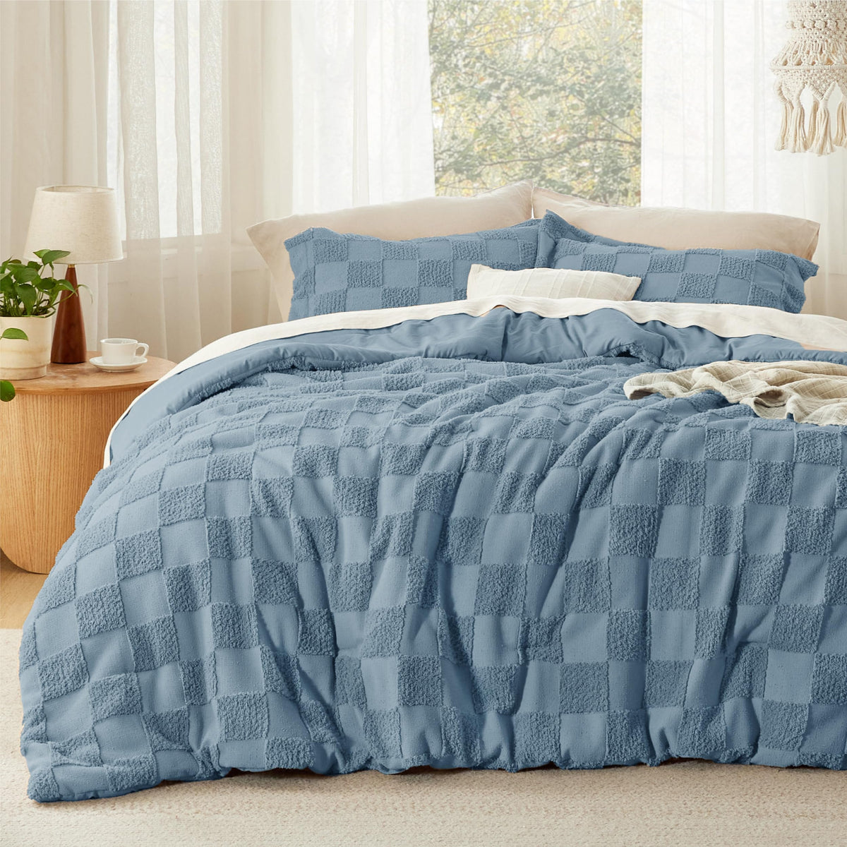 Bedsure Queen Size Comforter Set Mineral Blue, Boho Tufted Bedding Comforter Set, Checkered Farmhouse Shabby Chic Bed Set, 3 Pie