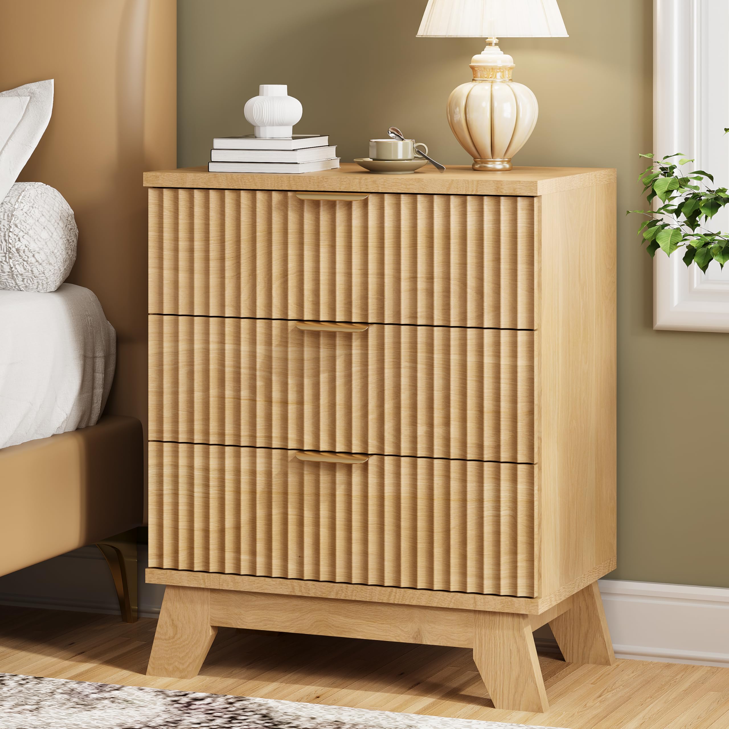 Fluted Nightstand, 24' Wide Side Table With 3 Large Storage Drawers, Mid Century Modern Wood Night Stand With Metal Handle, Woo