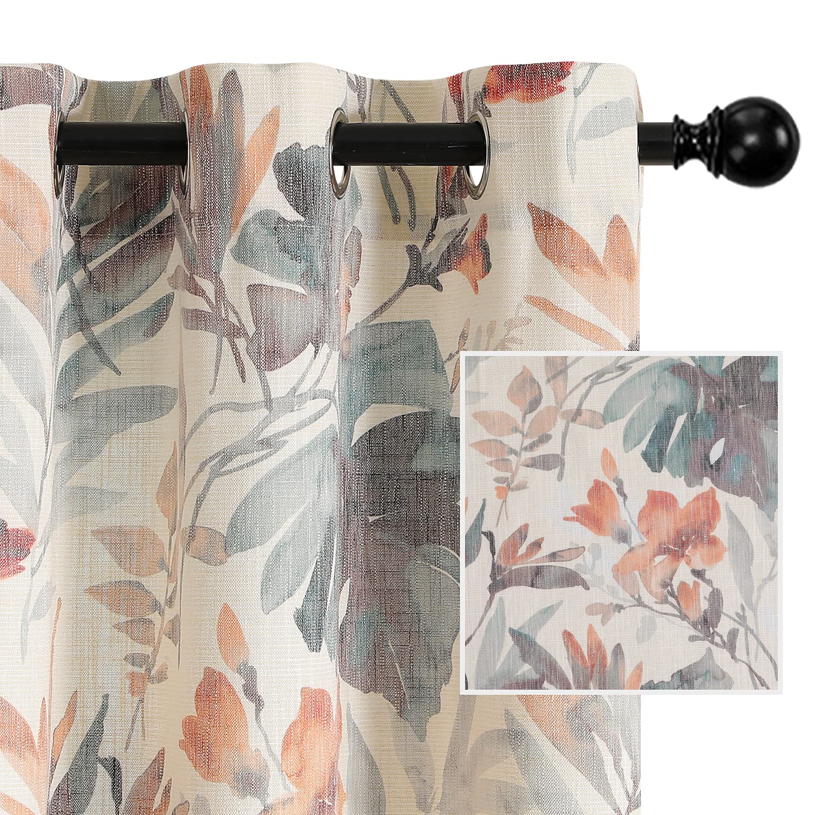 Mysky Home Linen Style Curtains 72 Inch Length Semi Sheer Floral Cotton Curtains Light Filtering Curtains For Living Room Bedroo