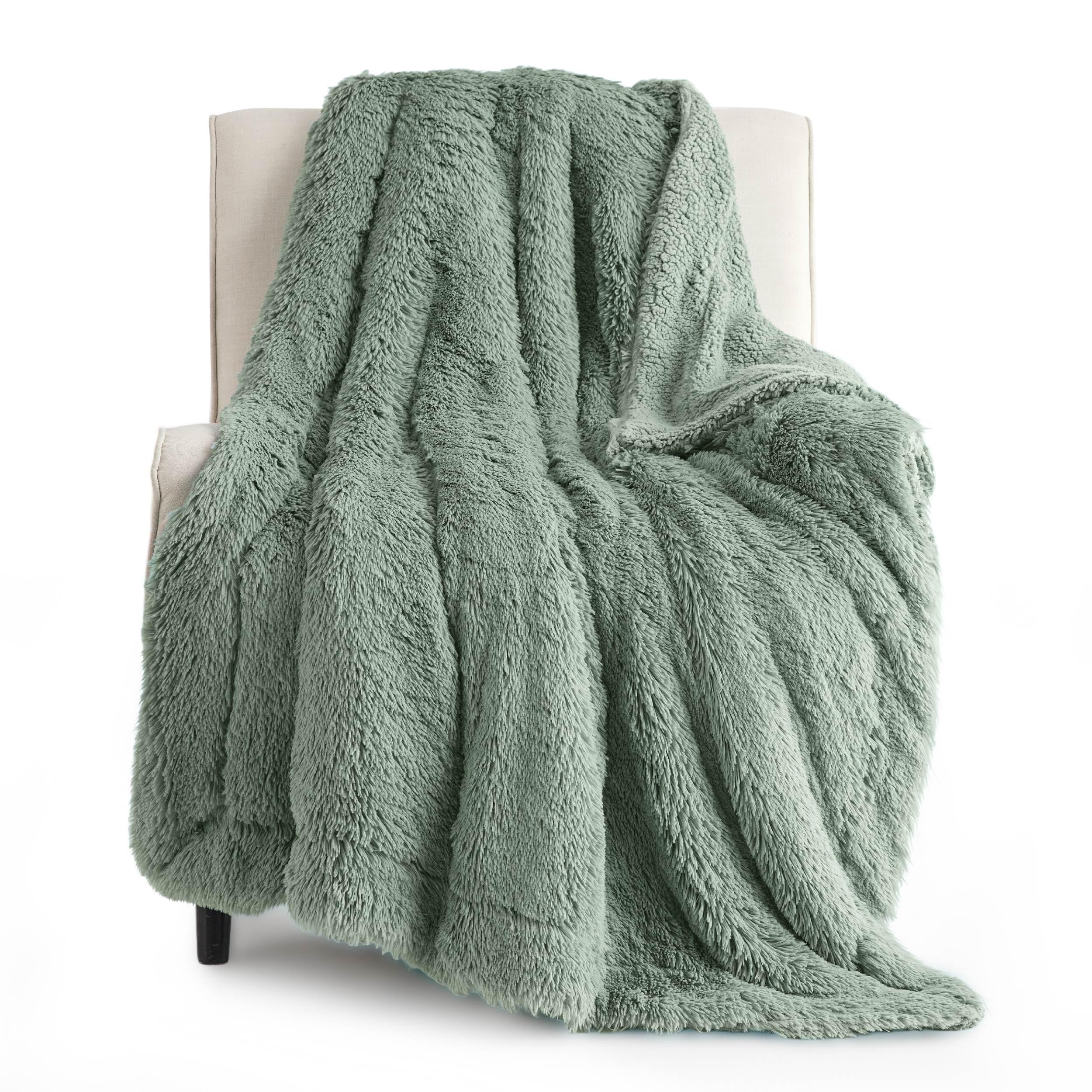 Bedsure Soft Fuzzy Faux Fur Sage Green Throw Blanket - Cozy, Fluffy, Plush Sherpa Fleece Yellow Blanket, Furry, Shaggy Blanket F