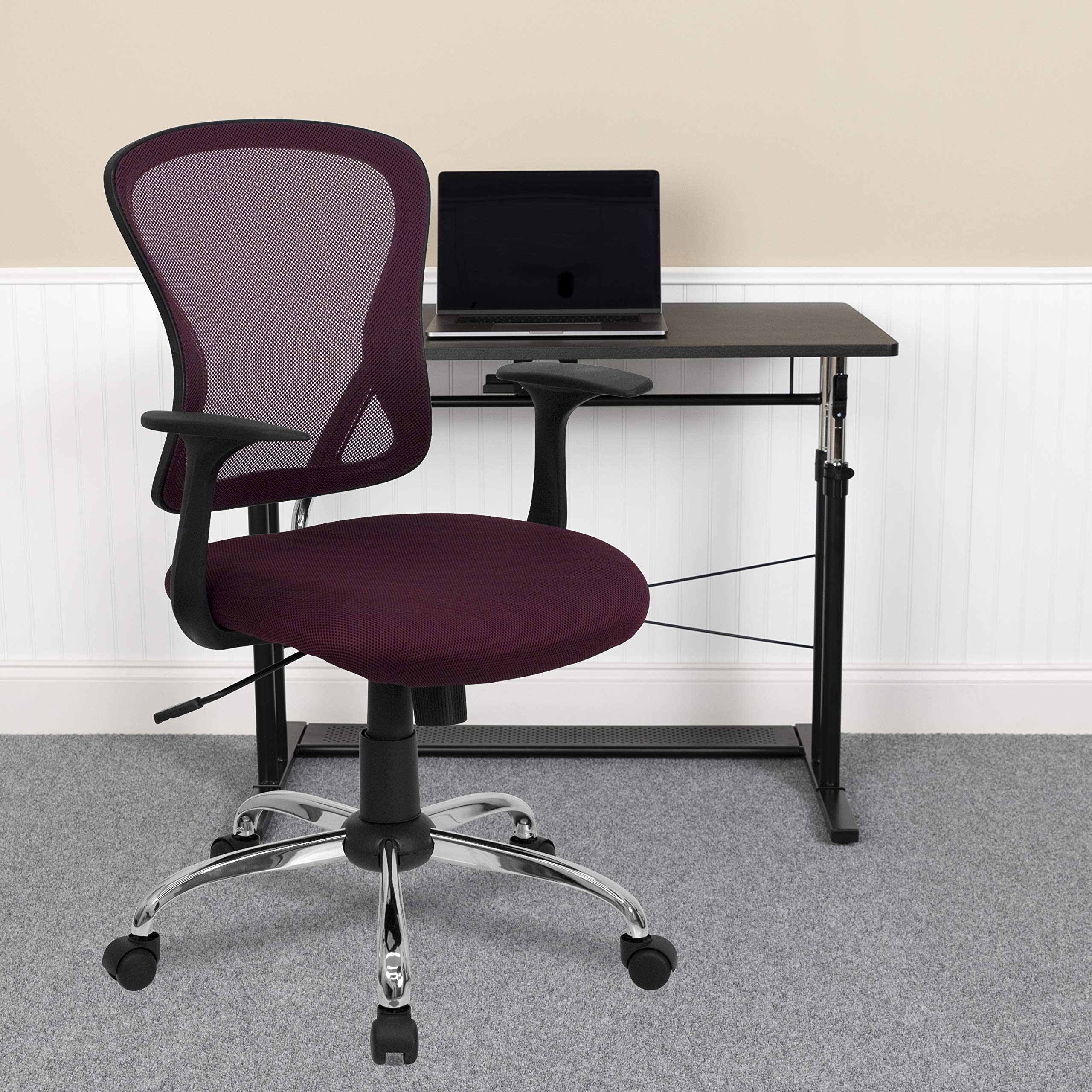Flash Furniture Alfred Mid-Back Burgundy Mesh Swivel Task Office Chair with Chrome Base and Arms