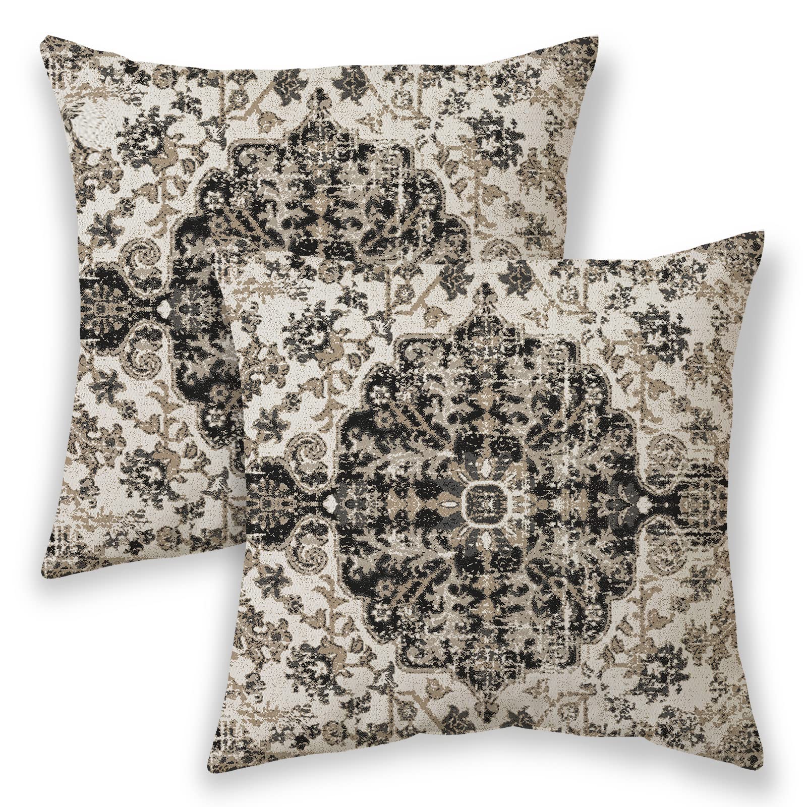 Betginy Boho Pillow Covers 18X18, Black Ethnic Design Outdoor Decorative Throw Pillows For Couch, Carpet Pattern Decor Cushion Cover 2 Pcs Farmhouse Linen Pillowcase For Bed Car Safa