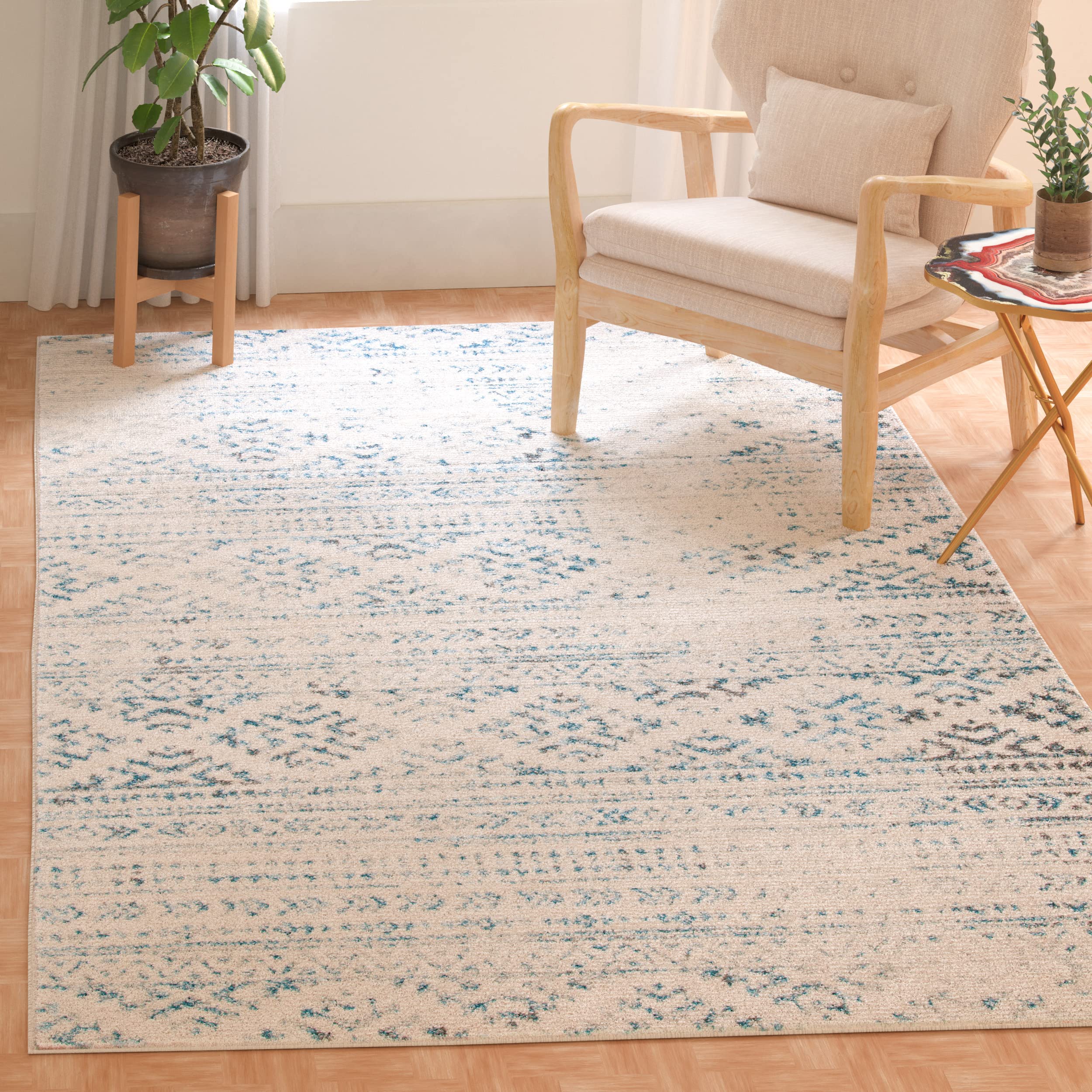 SAFAVIEH Tulum Collection 67 Square Ivory / Turquoise TUL272E Moroccan Boho Tribal Non-Shedding Living Room Bedroom Dining Home