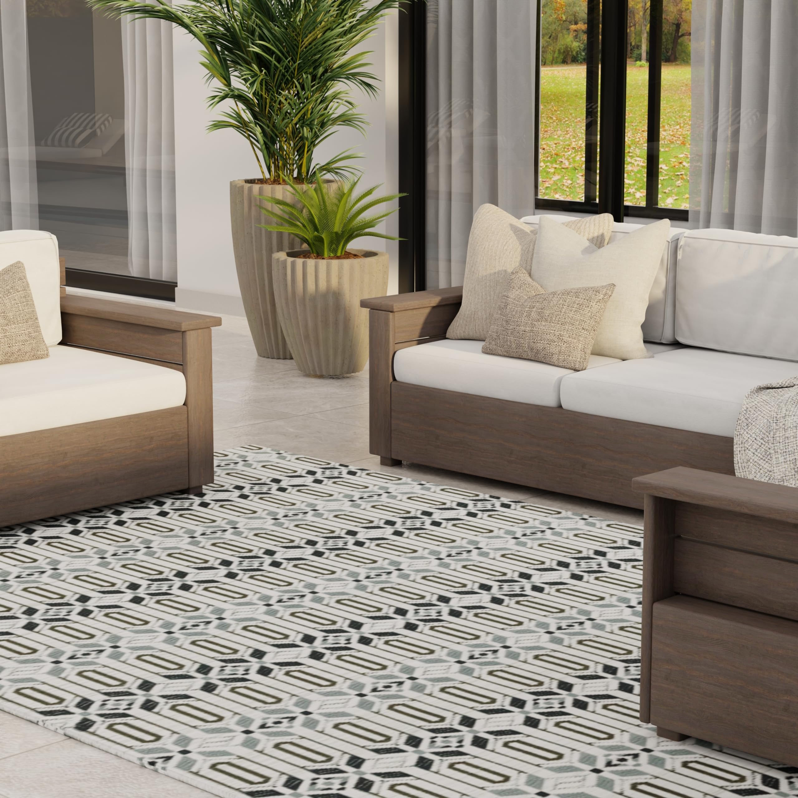 Mad Mats Geometric Moroccan Grey & White Outdoor Rug, Reversible Plastic Mat For Patio, Porch, Poolside, Mudroom, Camping, Rv, D