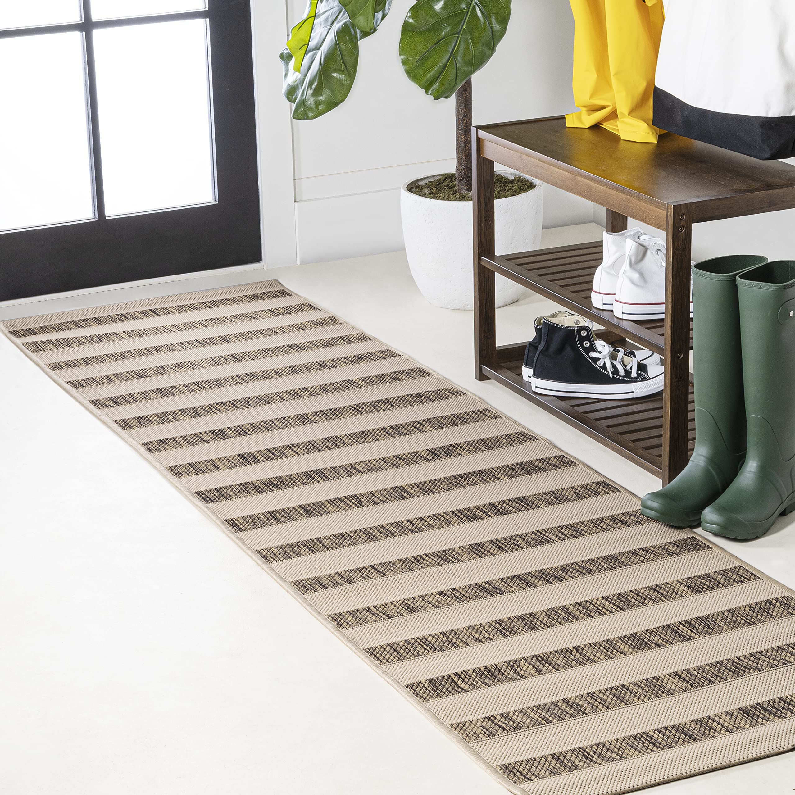 Jonathan Y Smb112A-28 Aveiro Wide Stripe Indoor Outdoor Area Rug, Bohemian, Coastal, Mediterranean Easy Cleaning,Bedroom,Kitchen,Backyard,Patio,Non Shedding, Beige/Brown, 2 X 8