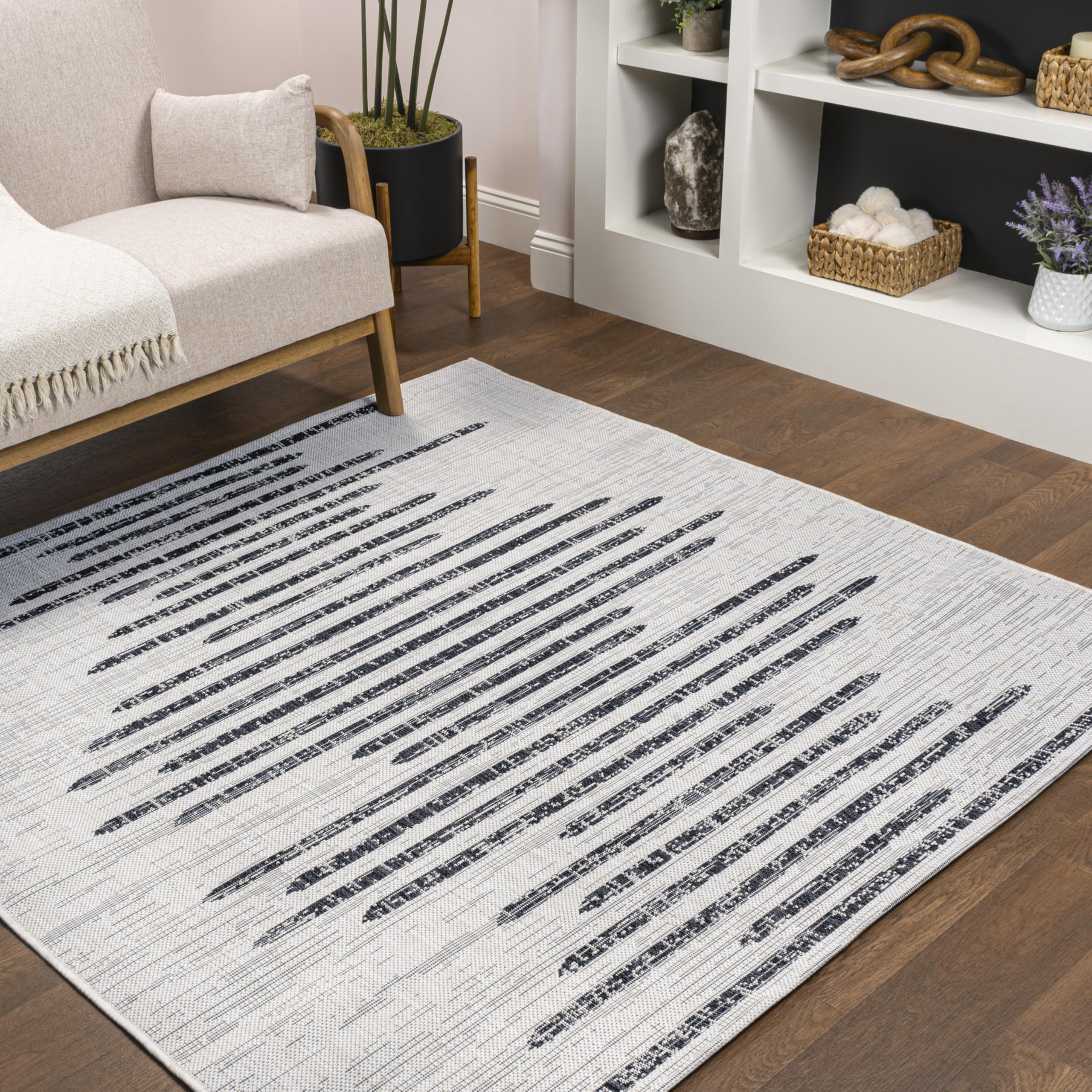 Jonathan Y Smb124D-5Sq Zolak Berber Stripe Geometric Ivory/Black 5' Square Indoor/Outdoor Area Rug, Pet Friendly, Non Shedding,