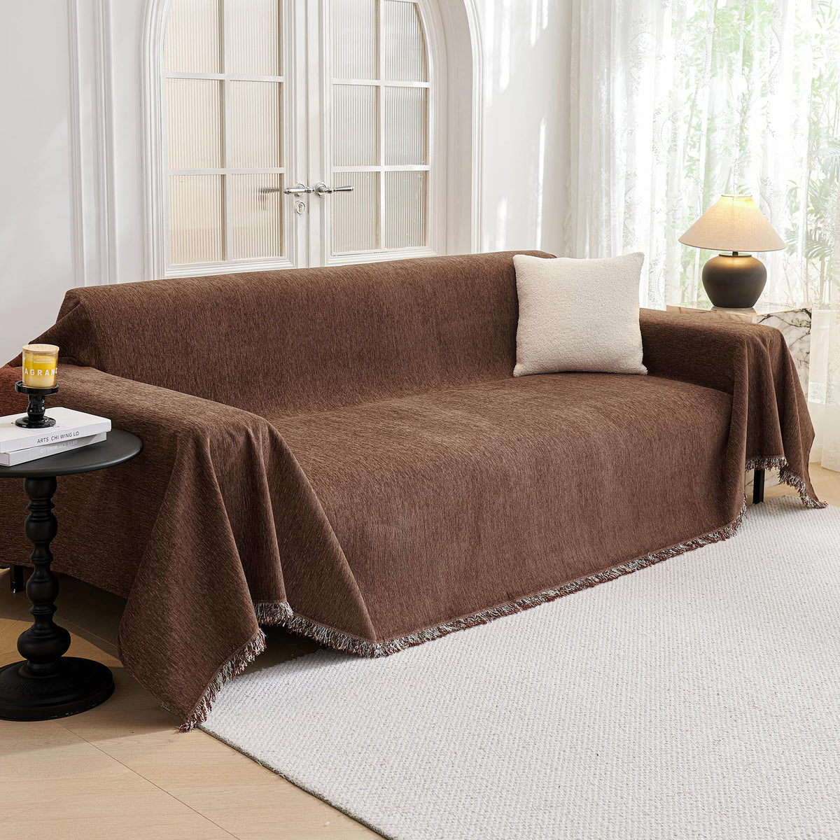MYSKY HOME Chocolate Couch Cover Non Slip Dog Sectional Sofa Cover for 3 Cushion Couch Sofa Slipcover with Tassels Futon Cover N